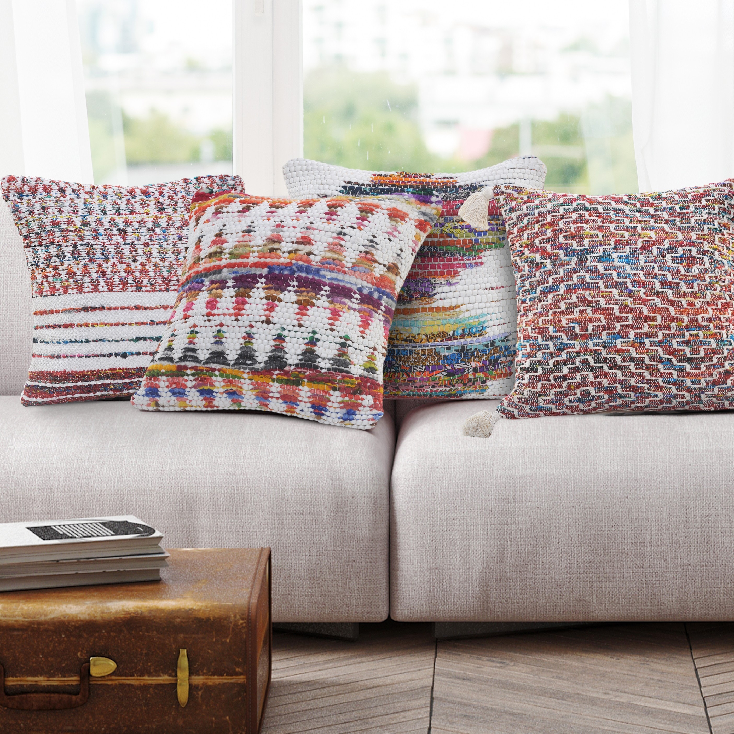 White and Multicolored Chevron Cotton Chindi Throw Pillow 20" x 20"