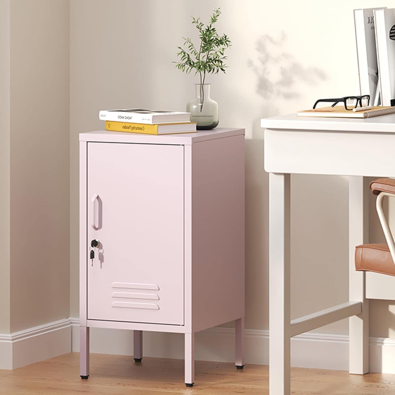 Garvee Metal Locker Nightstand with Door and Shelf Modern Steel Bedside Storage Cabinet Lockable End Table for Bedroom Living Room or Office Pink