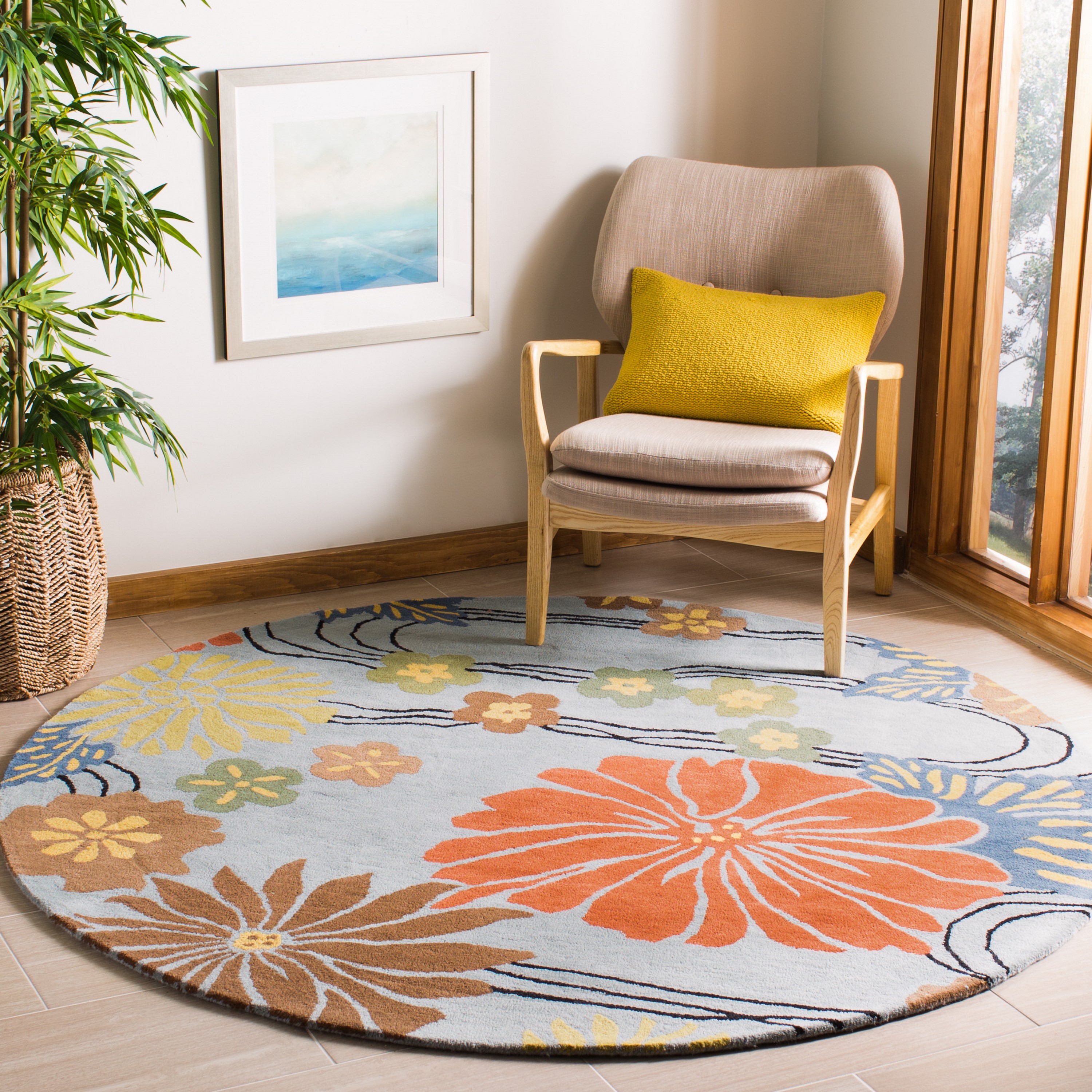 Safavieh SOH738B-8R Soho Ois 8 x 8 (ft) Tufted Wool Blue/Multi Round Indoor Floral/Botanical Farmhouse/Cottage Area rug