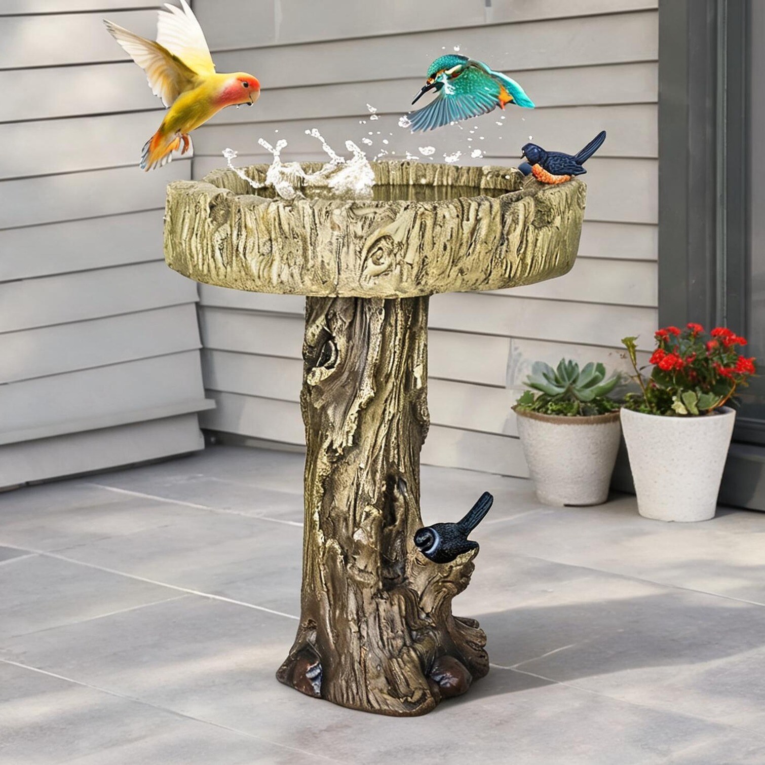 SUNCREAT Pedestal Bird Bath with Faux Bird Accents Fiber-Reinforced Concrete Round Basin Brown Finish 24.4 Inch Height