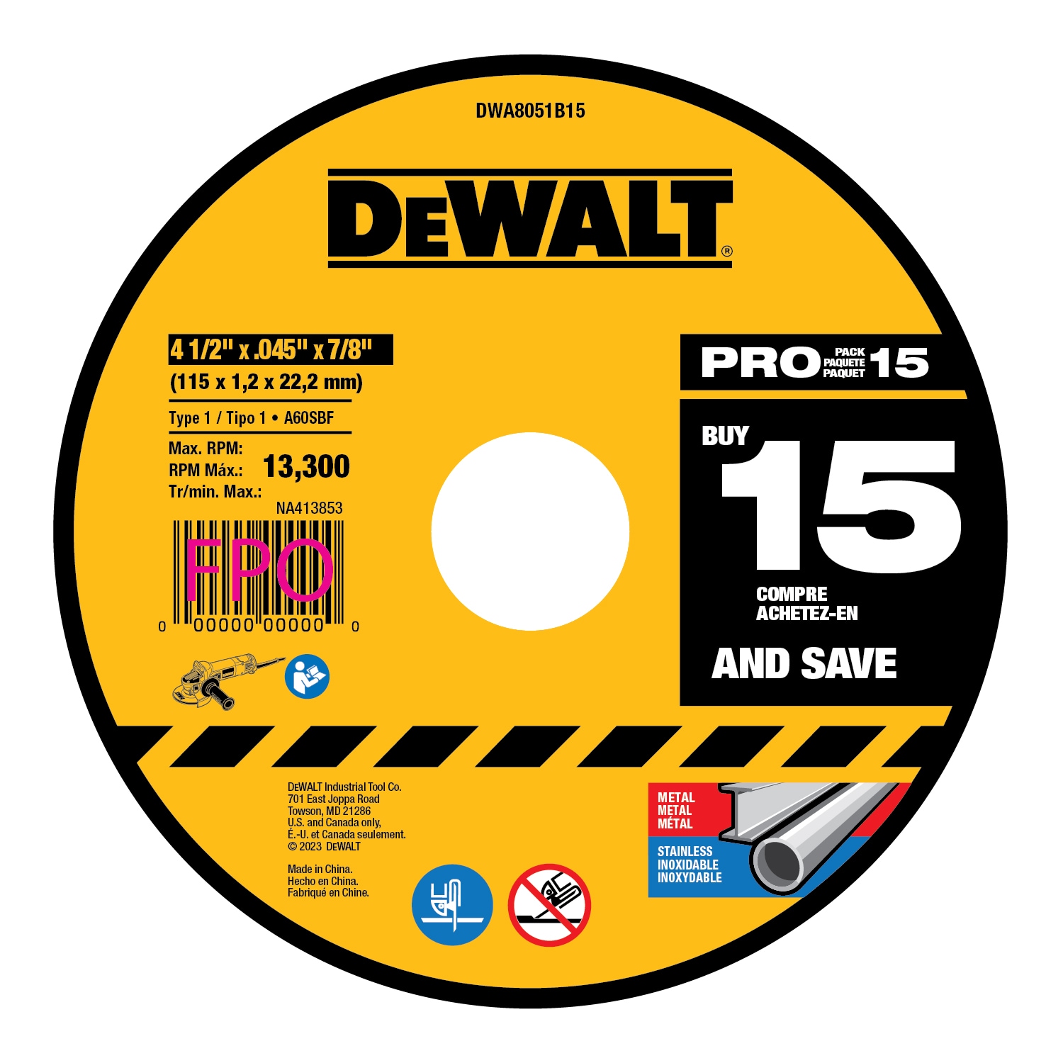DEWALT DWA8051B15 15 Pack Cut-Off Wheels 15 -Pack 4.5-in Bonded abrasive Cut-off wheel