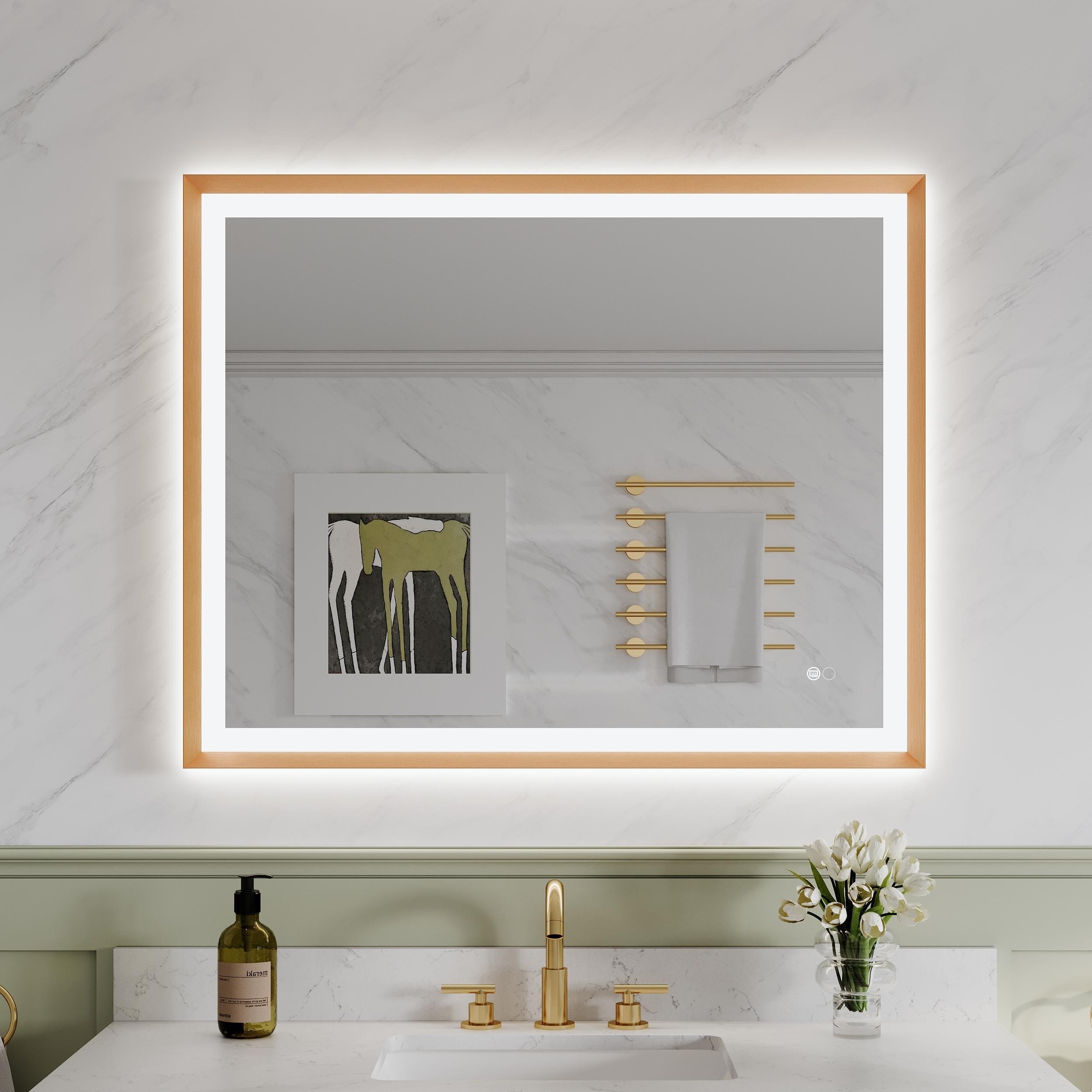 Gtnali 40-in W x 32-in H Aluminum Framed LED Bathroom Mirror Dimmable Vanity Mirror in Brushed Gold