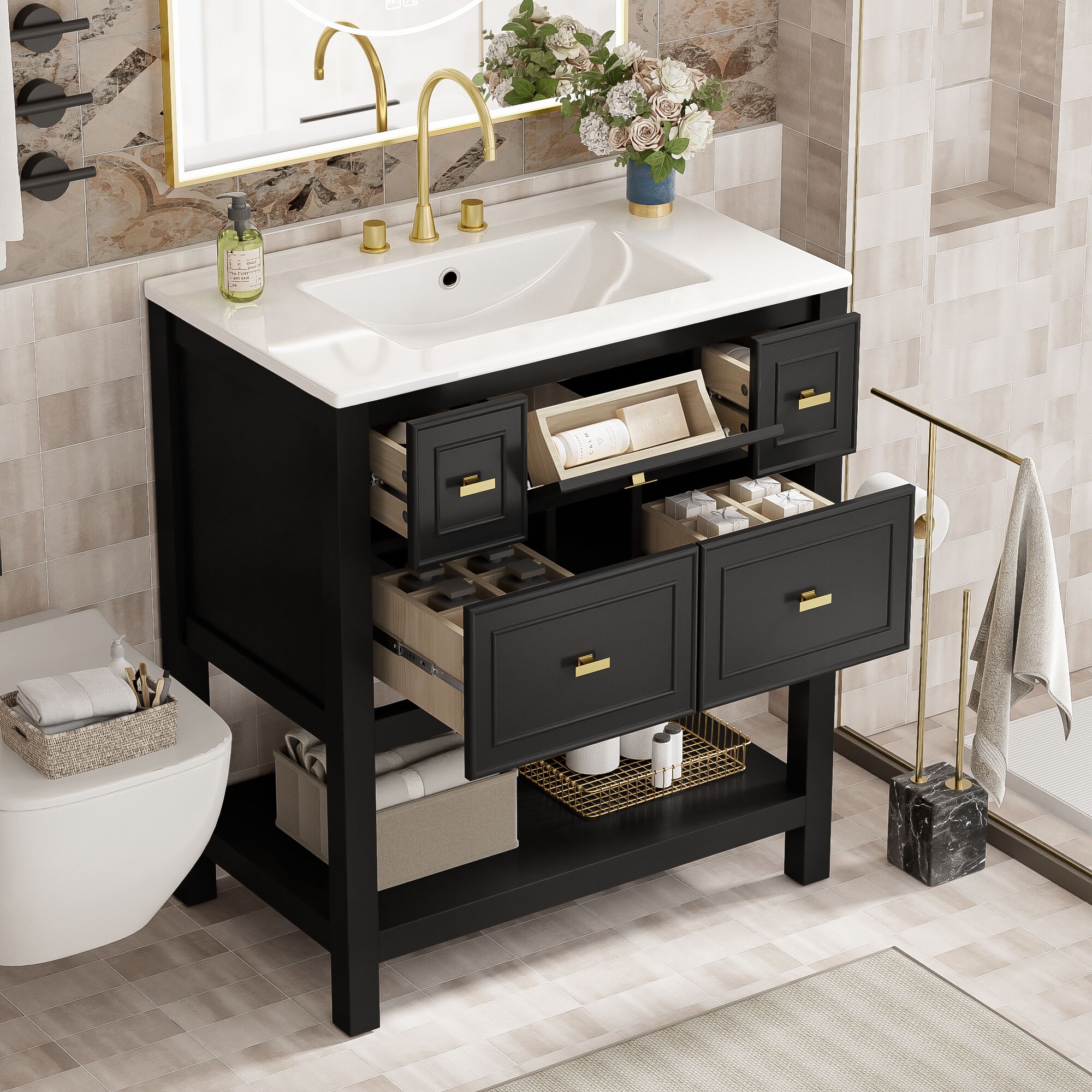 Tatayosi JJ-47488B 30inch Free Standing Bathroom Vanity with Ceramic Sink Combo 5 Drawers Solid Wood Frame Storage Cabinet Single Vanity Set