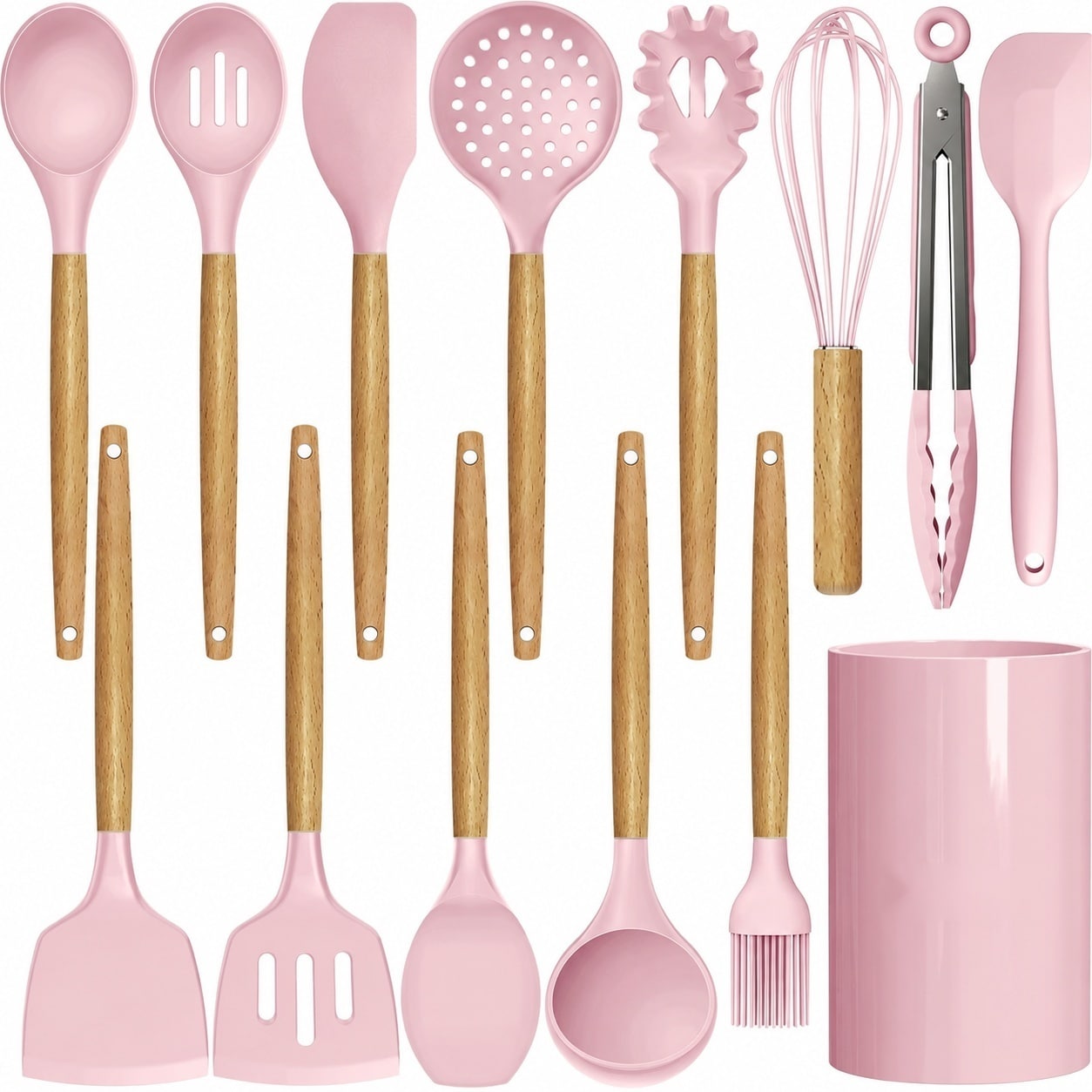 Phewnyzo  Silicone Kitchen Utensils Set 446F Heat Resistant Cooking Tools with Spatula Turner Tongs Spoon Brush Whisk Wooden Handle BPA Free