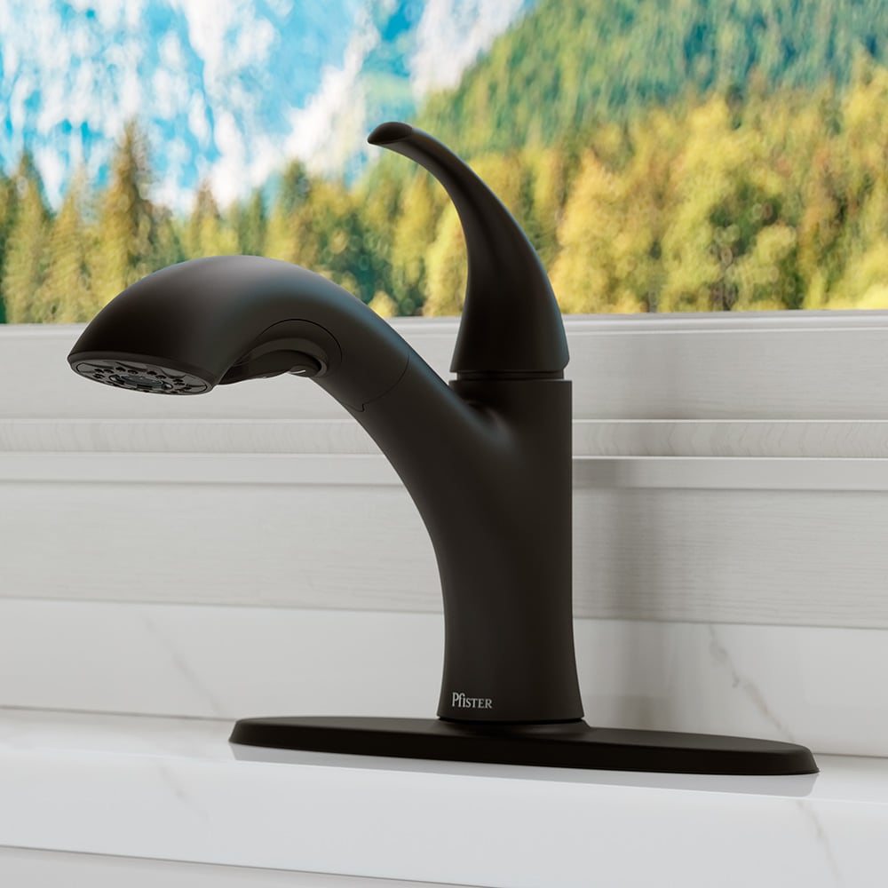 Pfister F-534-7WRYB Wray Matte Black Single Handle Deck-mount Kitchen Faucet with Sprayer ( Deck Plate Included )