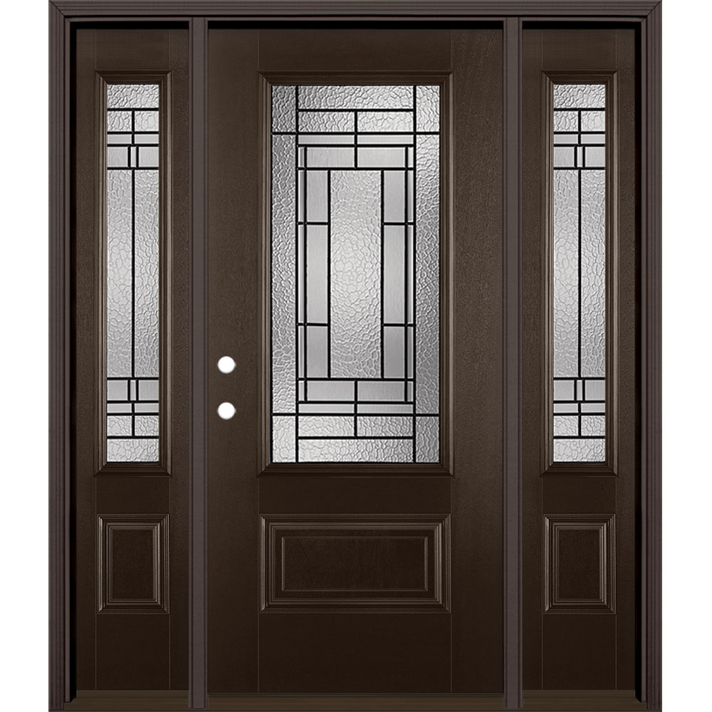 Masonite 1328138 Pembrook 64-in x 80-in Fiberglass 3/4 Lite Right-Hand Inswing Walnut Stained Prehung Single Front Door with Sidelights with Brickmould Insulating Core