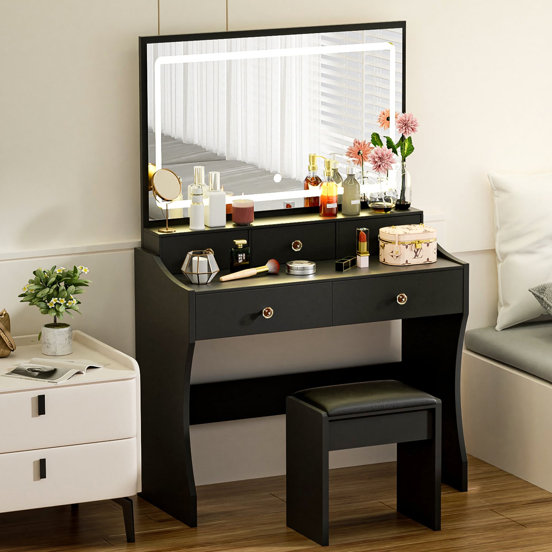 GTPLAYER Makeup Vanity Desk with Mirror and Lights Vanity Table and ...