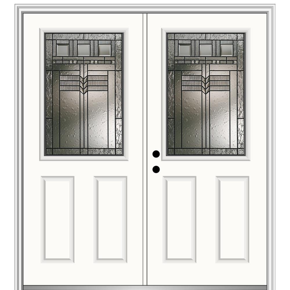 MMI DOOR ZZ3664798R 72-in x 80-in x 4-9/16-in Fiberglass Half lite Right-hand inswing Alabaster Painted Prehung Double Front Door with Brickmould Insulating core