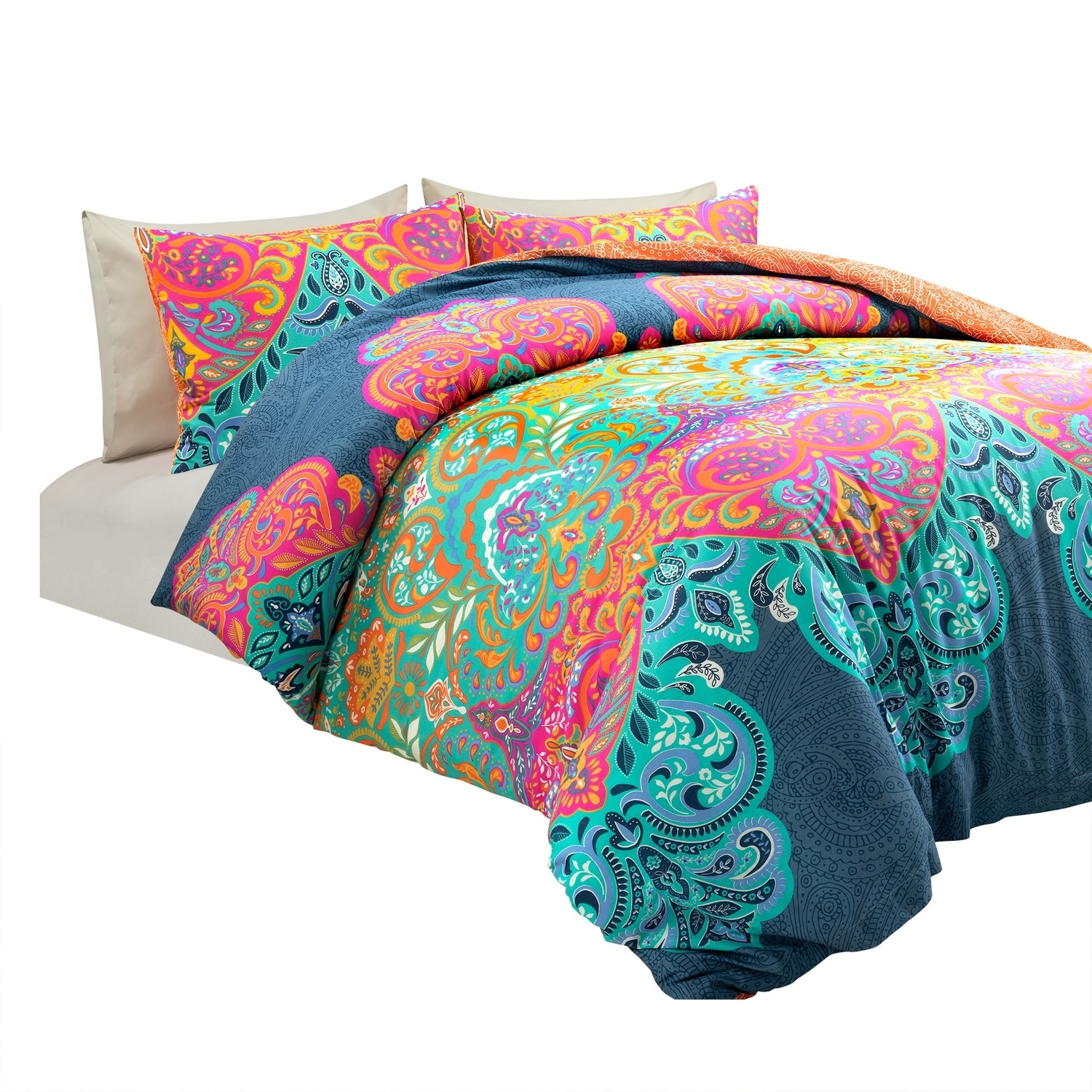 King Turquoise and Navy Cotton Boho Chic Duvet Cover Set