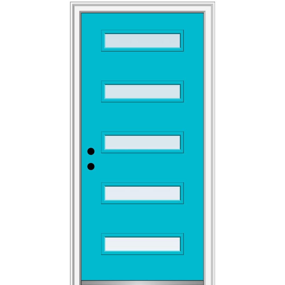 MMI DOOR ZZ349077R Spotlights 32-in x 80-in x 6-9/16-in Fiberglass Pulse lite Right-hand inswing Bahama Blue Painted Prehung Front Door with Brickmould Insulating core