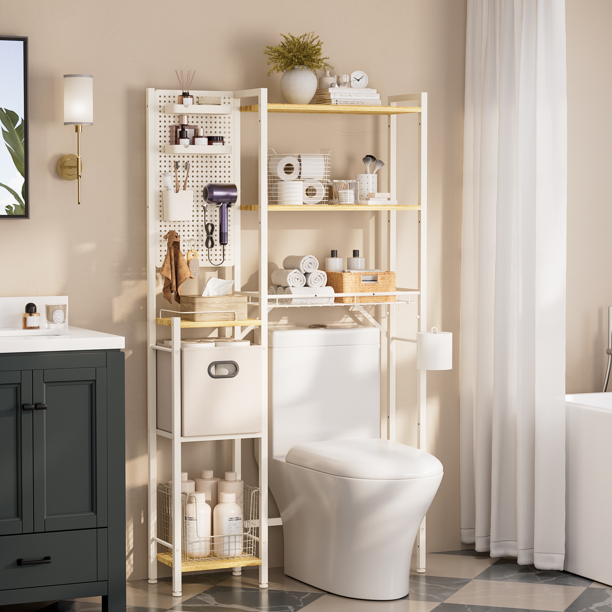 TETOTE - White 3-Tier Over The Toilet Storage Freestanding Bathroom Organizer Adjustable Shelves ...