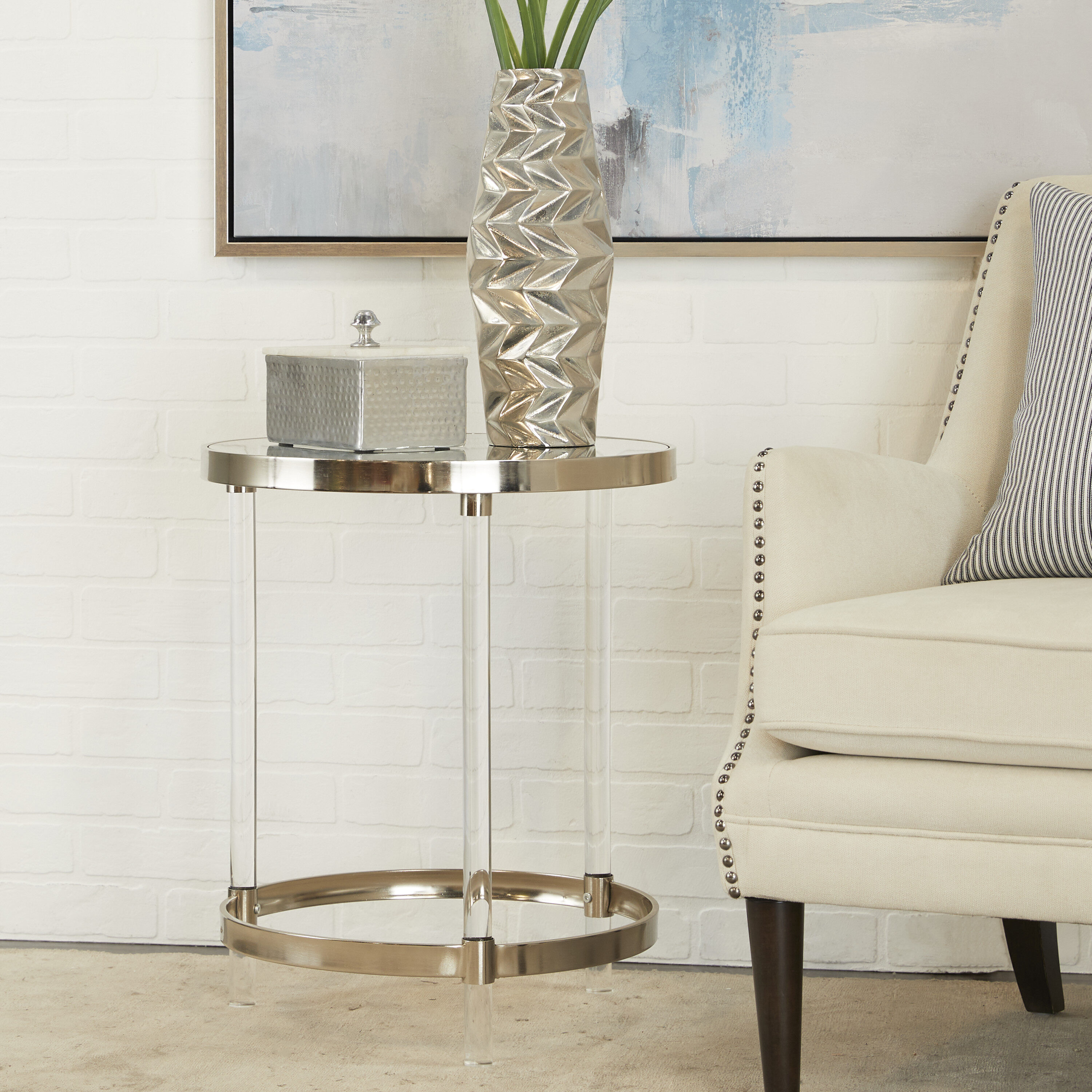 Grayson Lane 36596 19-Inches W x 23-Inches H Silver with Mirrored Glass Top Glass Round Modern End Table
