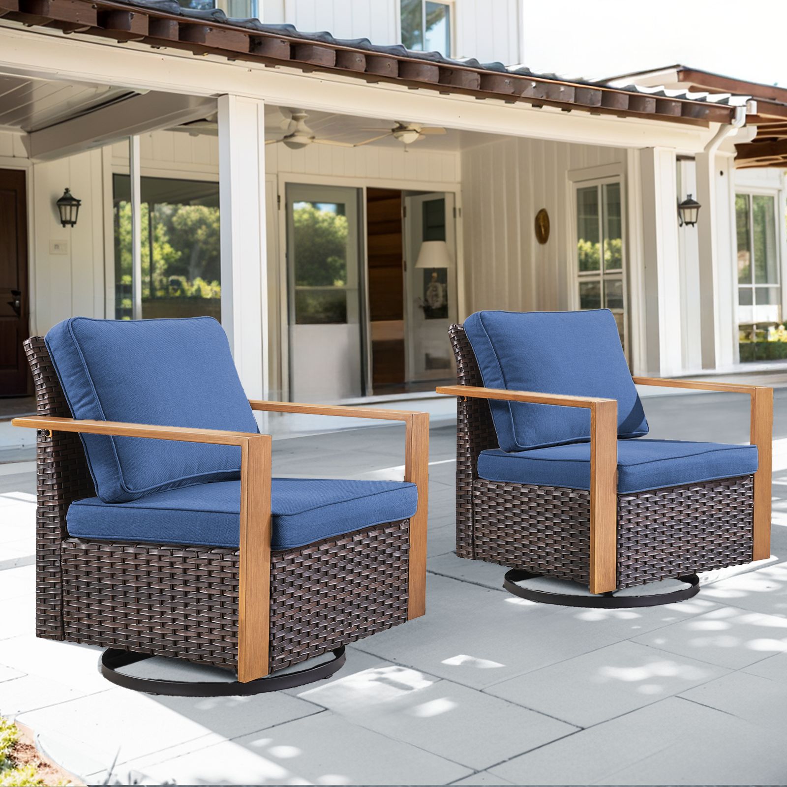  PA136-1 PACHAIRS-T Set of 2 Wicker Brown Steel Frame Swivel glider Conversation Chair with Navy Cushioned Seat