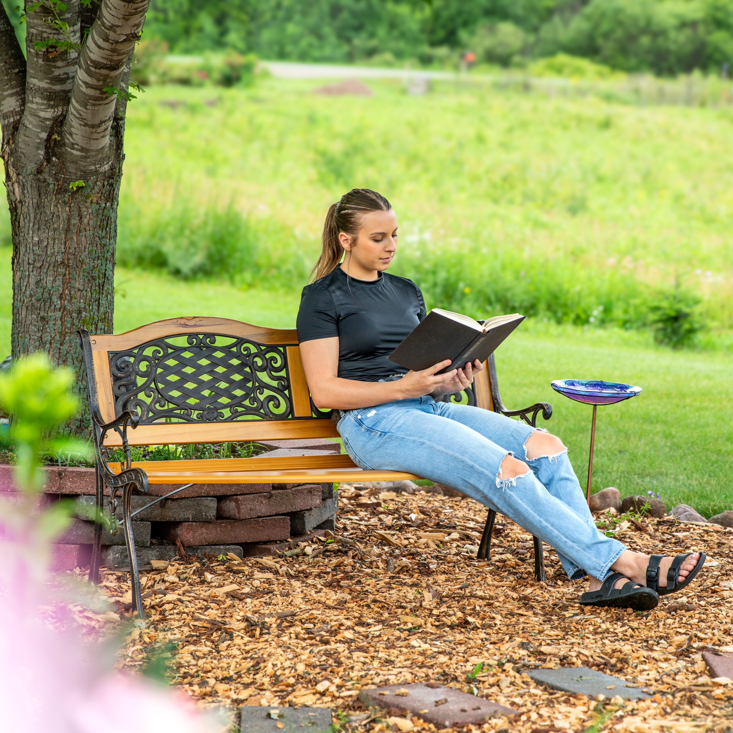 Sunnydaze 49" Black Cast Iron and Wood Outdoor Bench