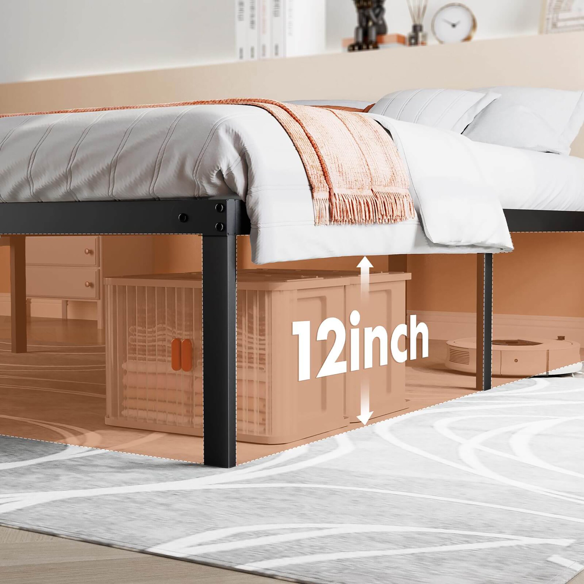 Queen Black Metal Platform Bed Frame with Slats
