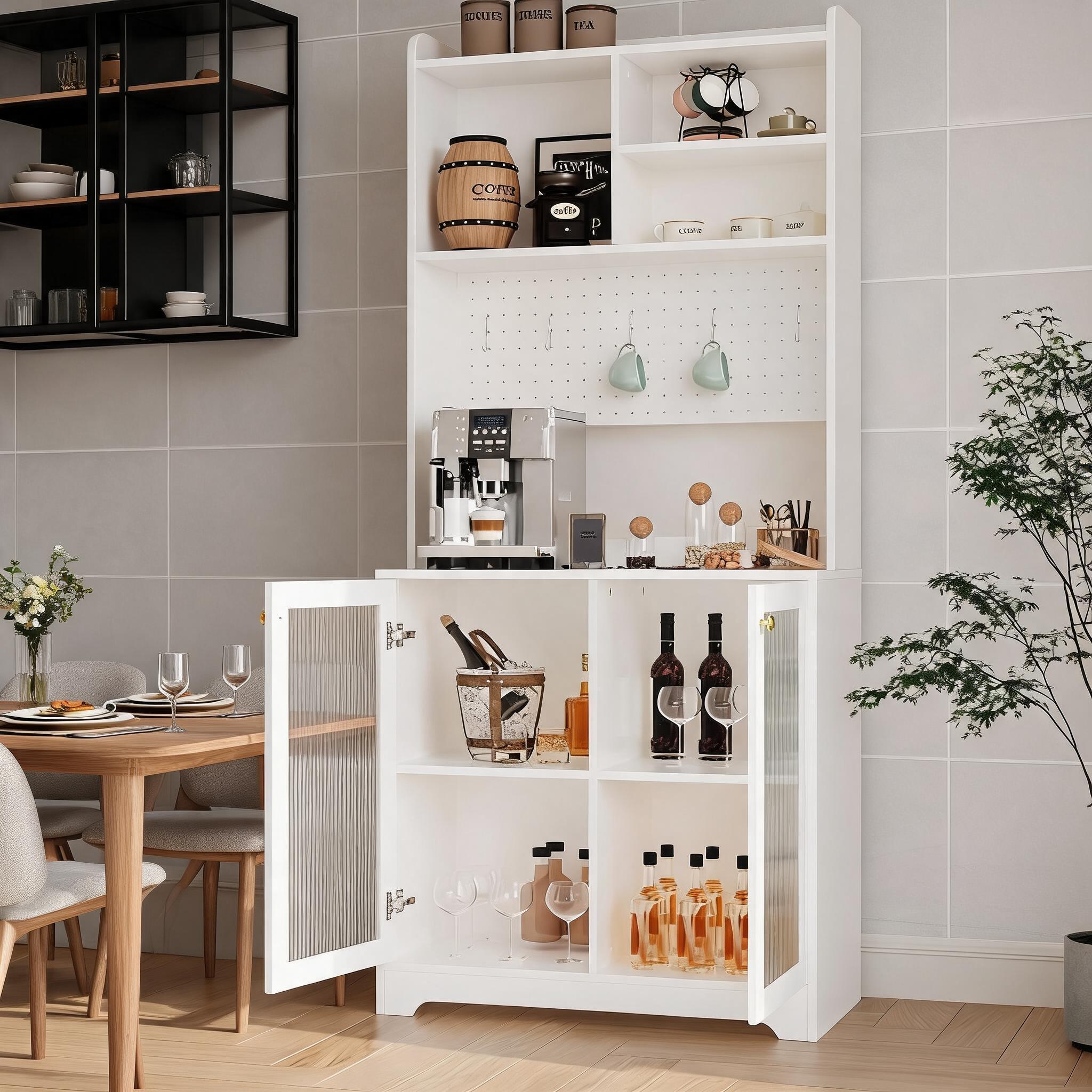 DEXSO 71 Inch Tall Pantry Cabinet with 2 Glass Doors Freestanding Kitchen Storage with Open Shelves Adjustable Shelves White
