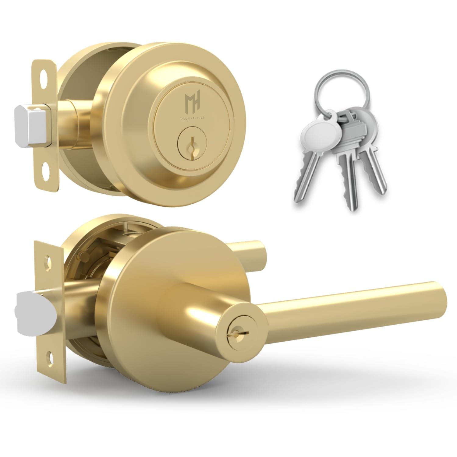 Mega Handles  Ronn Entrance Combo - Entry Lever Door Handle and Single Cylinder Deadbolt Lock and Key Combo Pack - Heavy Duty Round Locking Door Levers Set for Left or Right-Handed Doors - Satin Brass