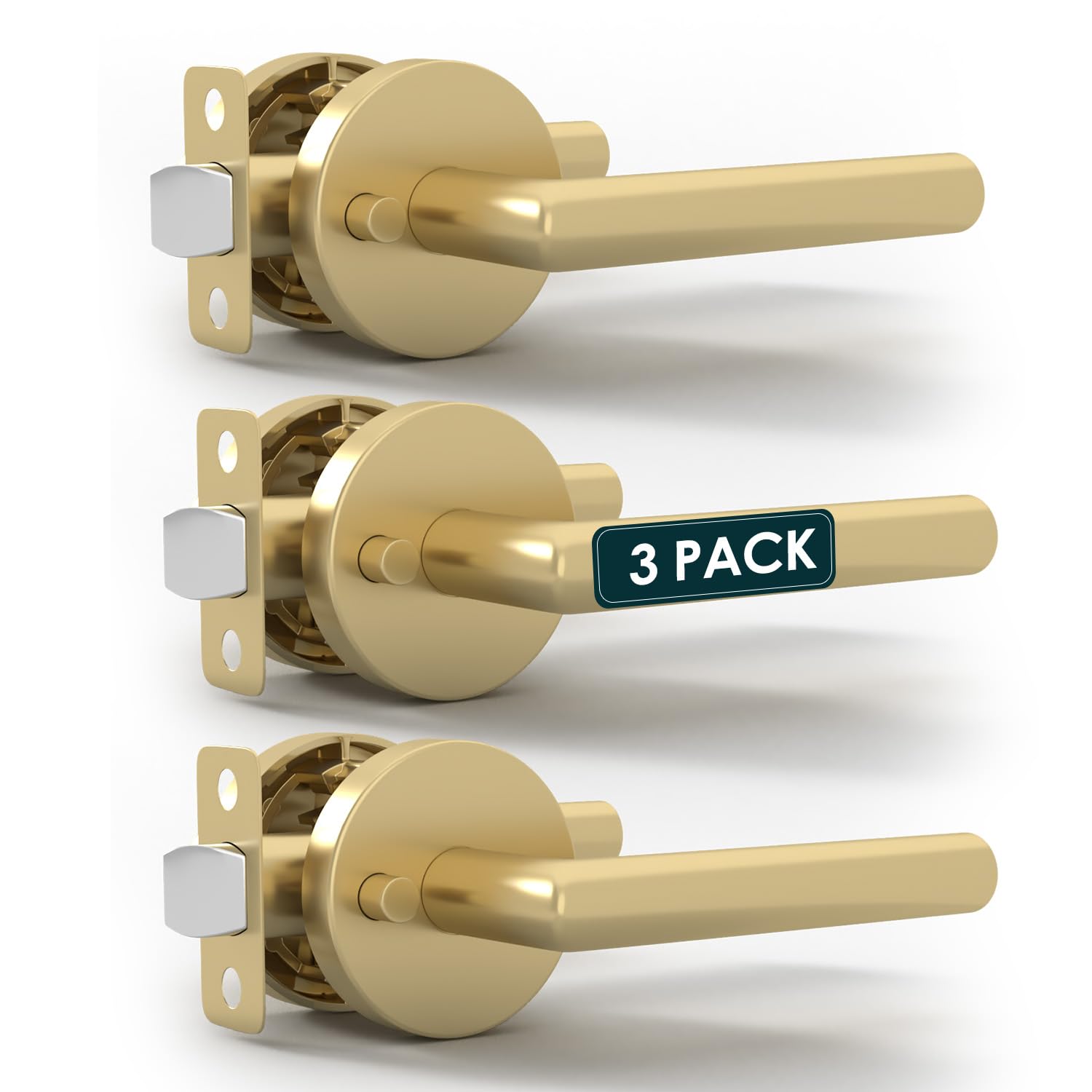 Mega Handles  Ronn Privacy Door Handle - 3 Pack Interior Reversible Gold Door Handle Heavy Duty Bed and Bath Door Handles with Privacy Door Lock Fits All Standard Doors - Satin Brass