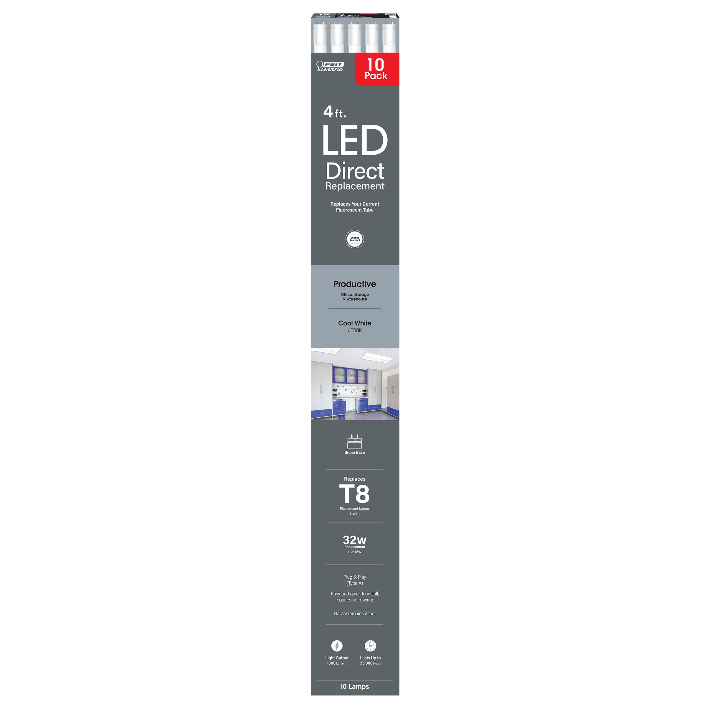 Feit Electric T848/840/LEDG2/10/RP LED LINEARS 32 -Watt EQ T8 Cool white Medium bi-pin (T8) LED General purpose Light Bulb 10 -Pack