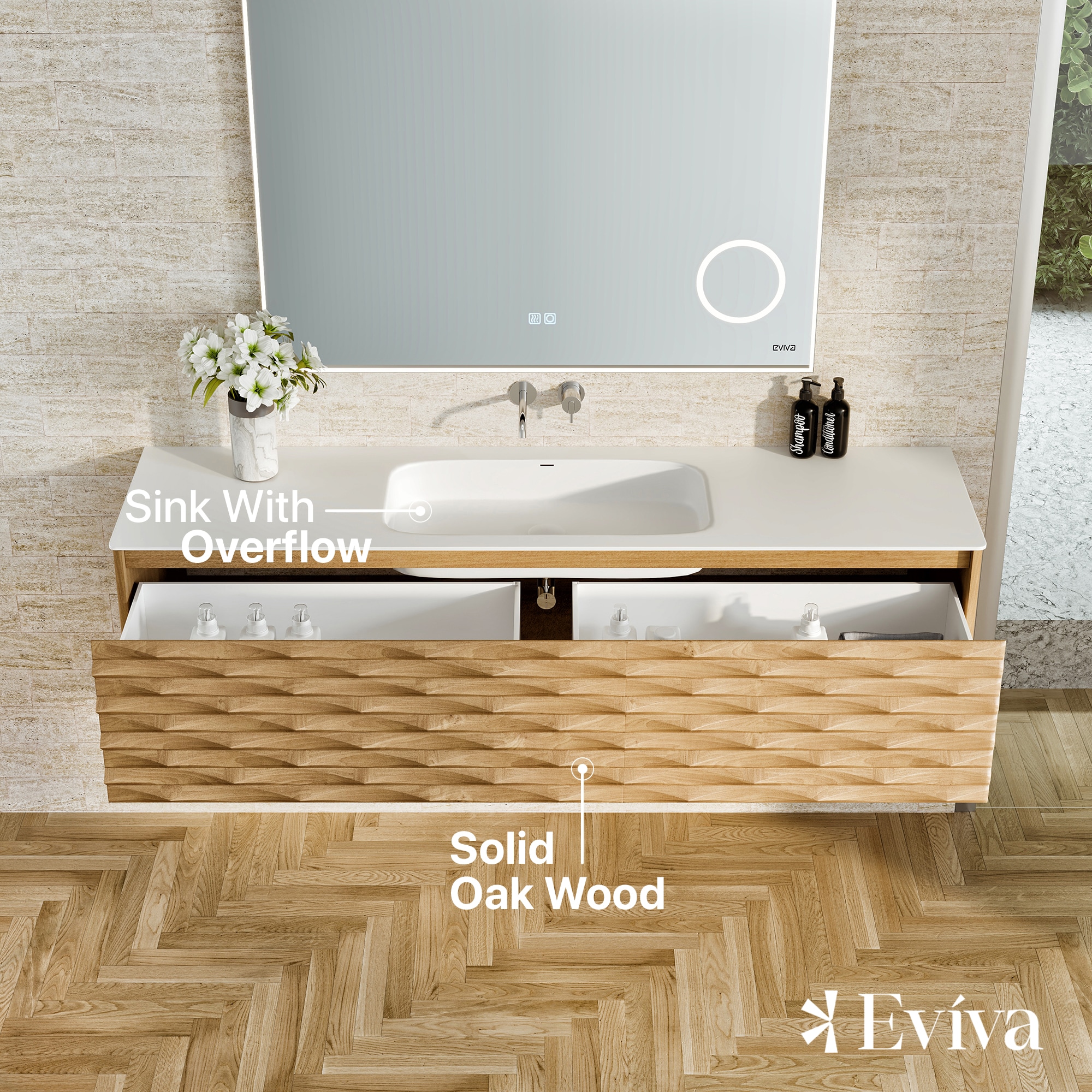 Eviva Oahu 55 in. W Solid Wood Floating Bath Vanity in Natural Oak with White Solid Surface Top