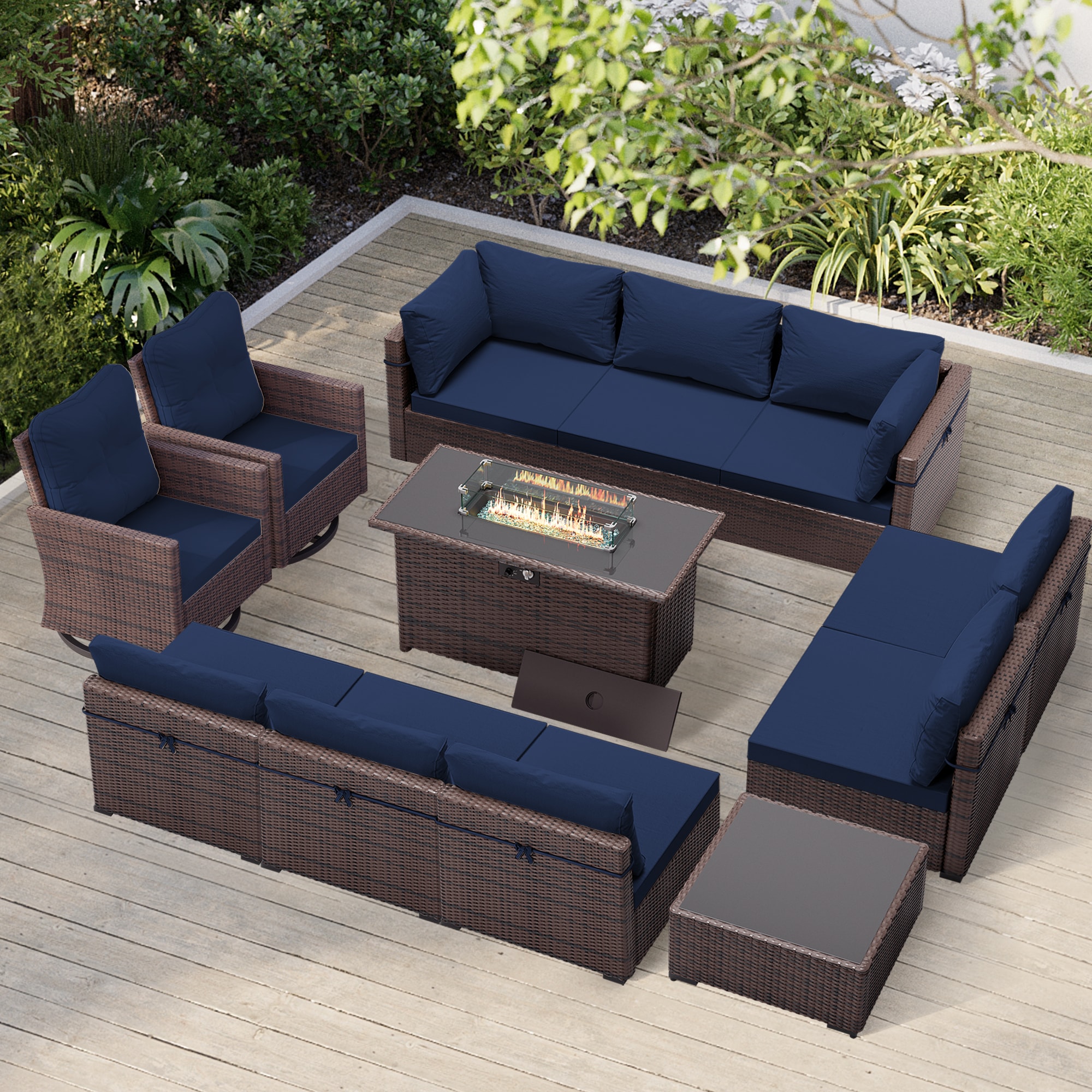 Patio Watcher TBBR-AB2C43Y11-NA 10-Piece Wicker Patio Conversation Set with Blue Cushions