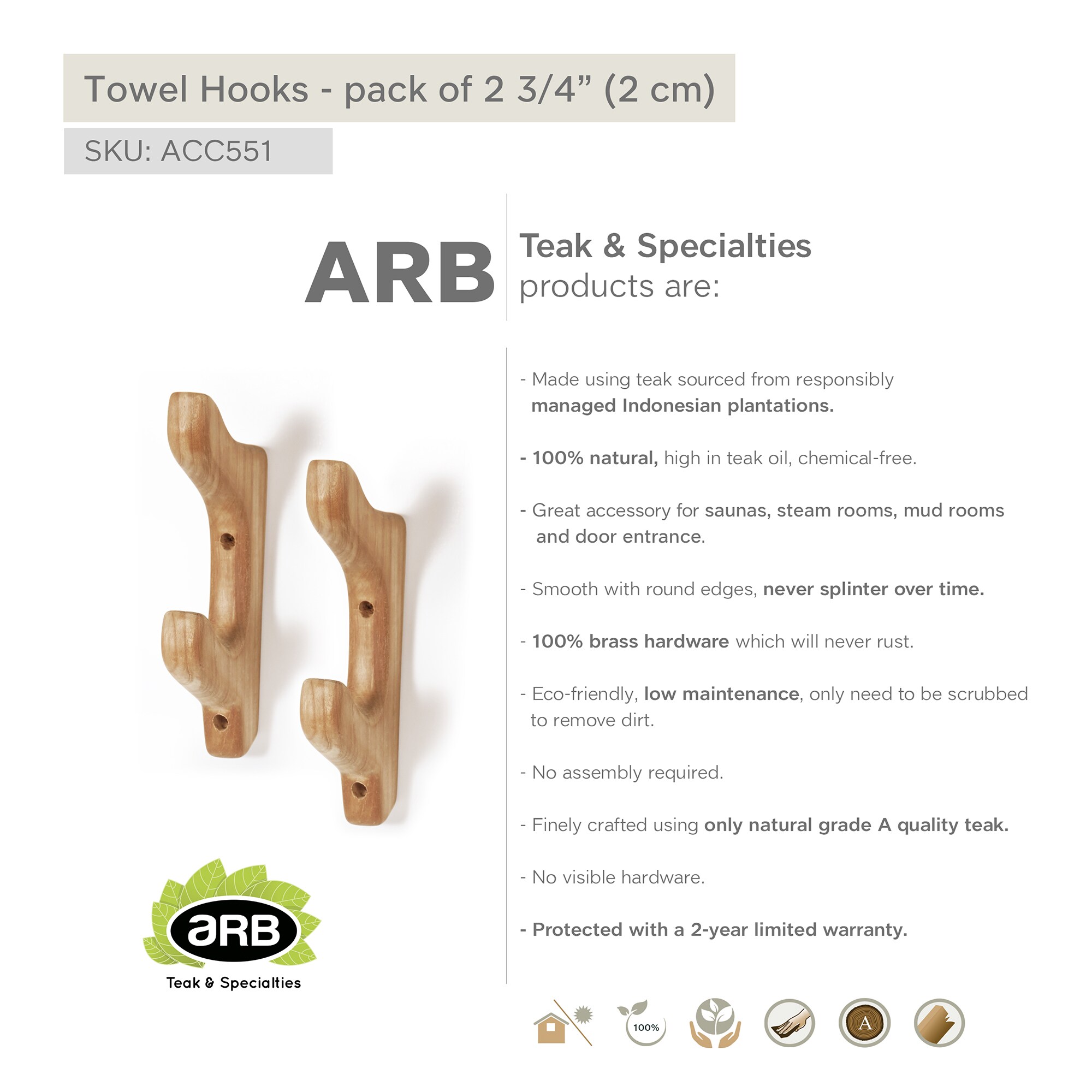 ARB Teak & Specialties ACC551 Robe-Hooks - View #8