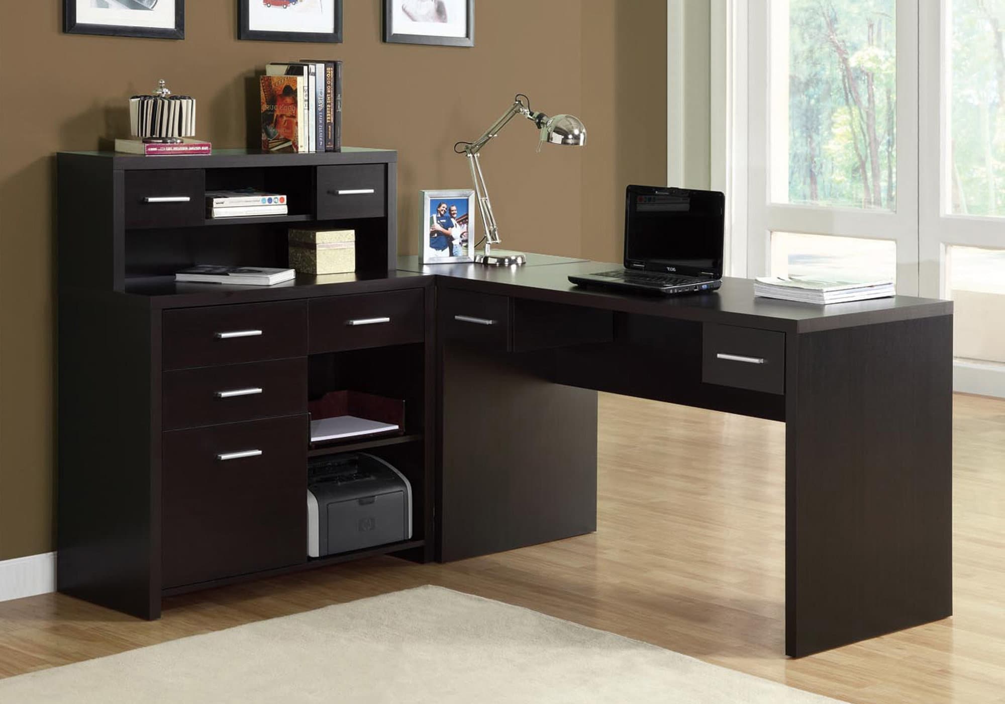 Cappuccino Brown Wood L-Shaped Executive Desk with Hutch and Filing Cabinet