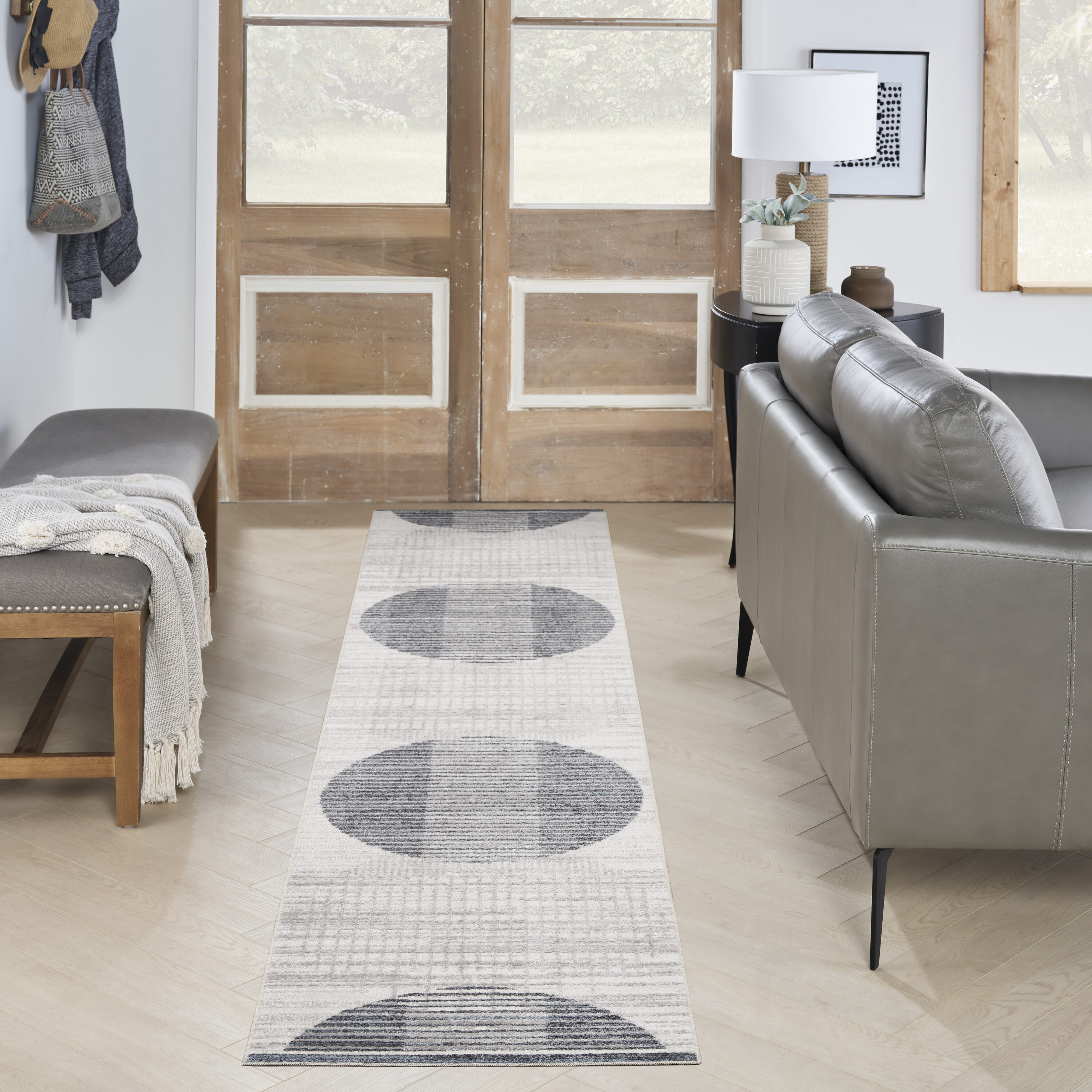 Nourison Home 099446963109 2 x 6 (ft) Loomed Polyester Ivory Blue Rectangular Indoor Geometric Mid-Century Modern Machine washable Runner rug