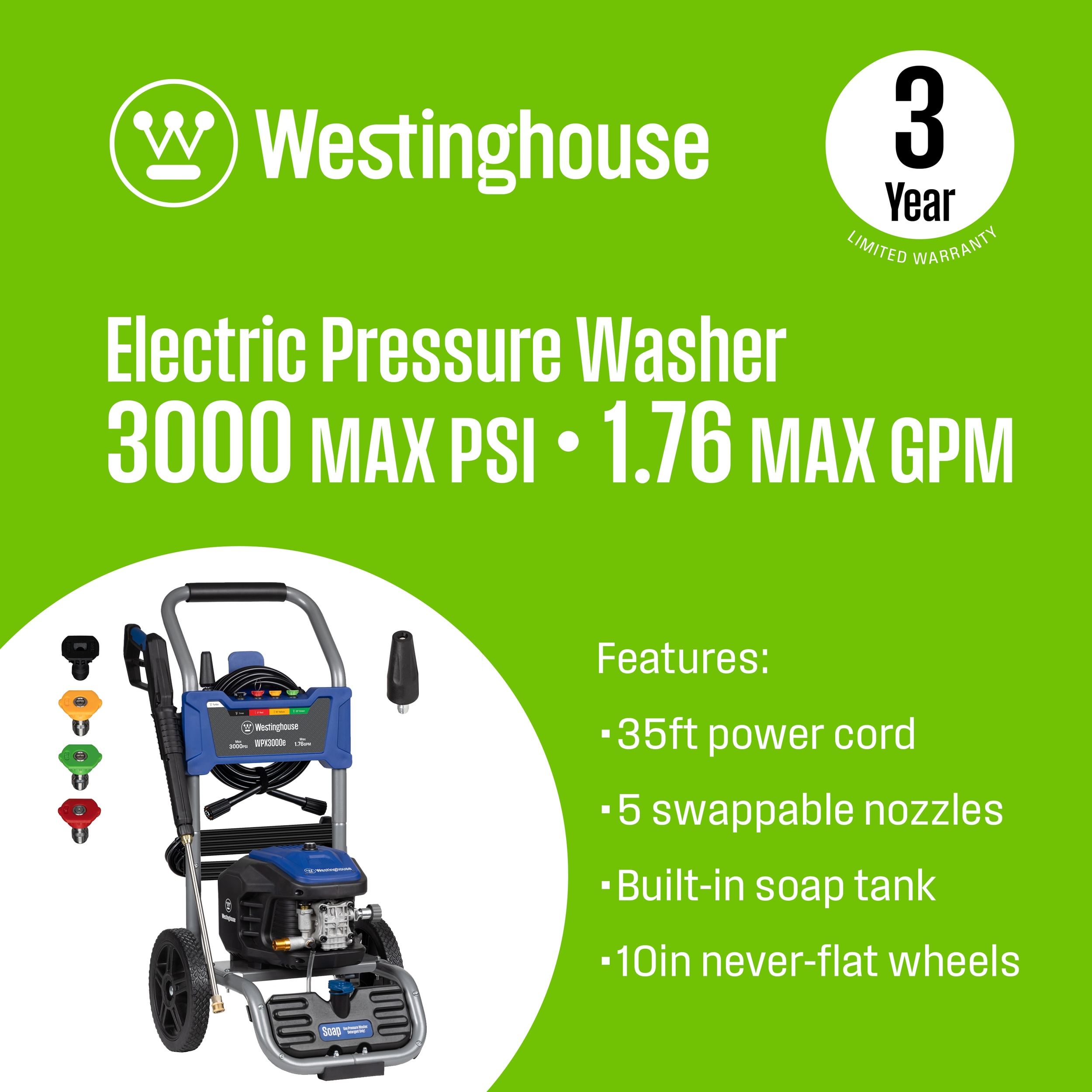 Westinghouse WPX3000e 3000 PSI 1.76-GPM Cold Water Electric Pressure Washer with 5 Spray Tips WPX3000E Sansujyuku sansujyuku.com