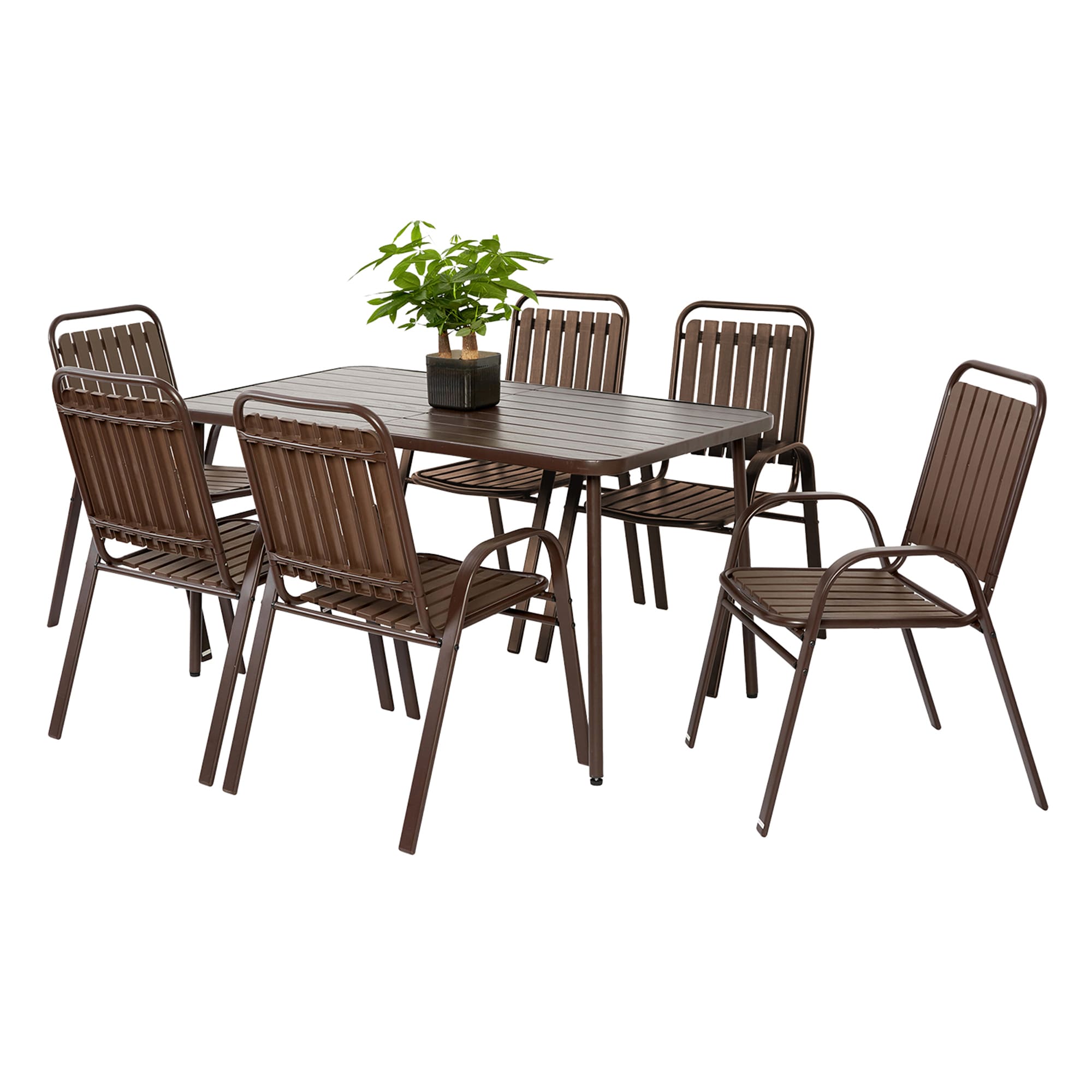 SINOFURN SYA990025GY 7 -Piece Brown Patio Dining Set Steel Rectangle Table with 6 Stationary Chairs