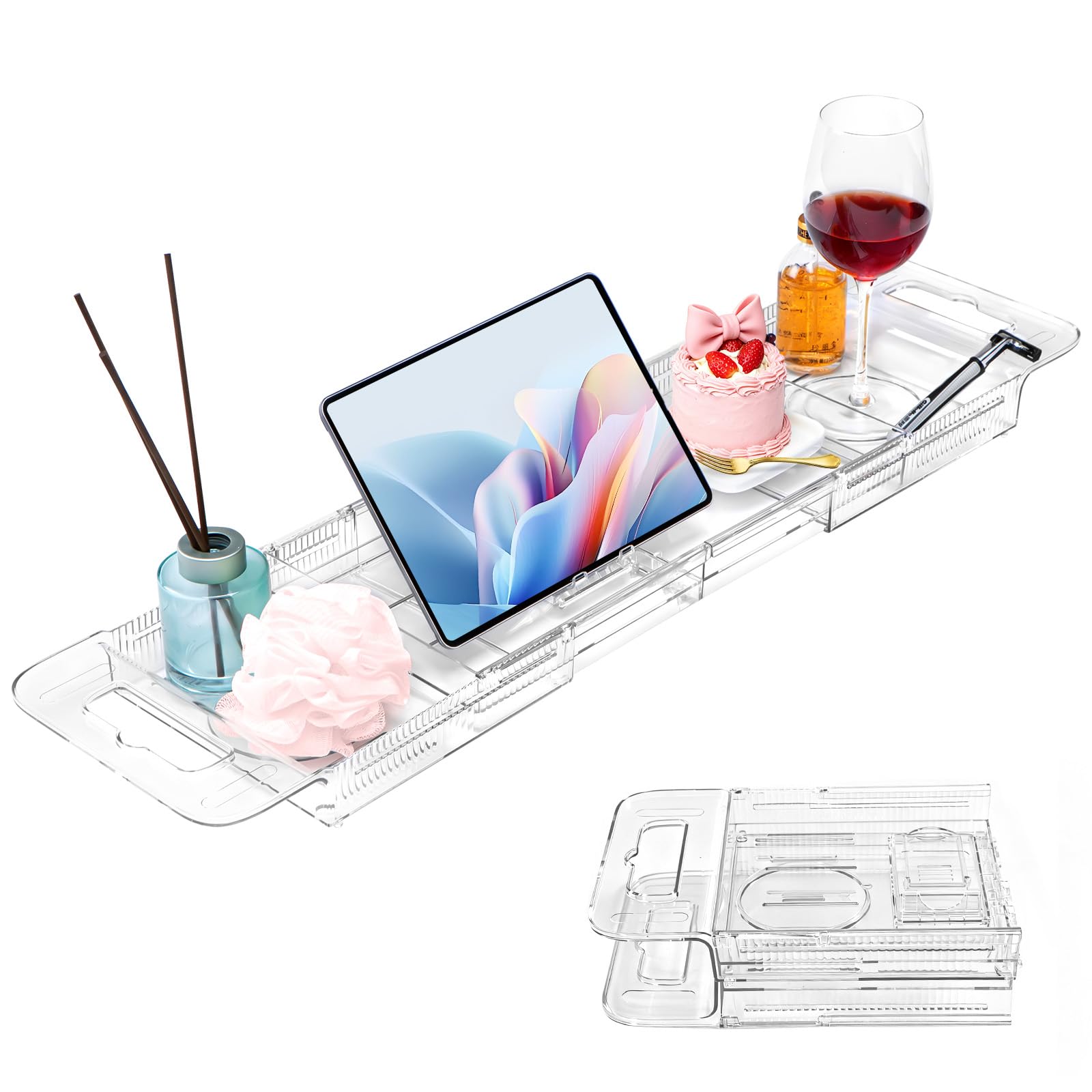 Lovav - Expandable Foldable Bathtub Tray Acrylic Bath Caddy with Drain Slots Non Slip Phone Holde...