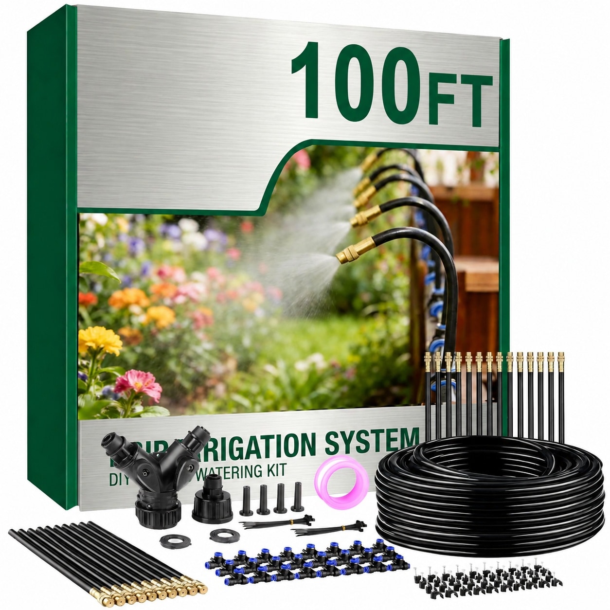 Misopily  Drip Irrigation Kit 100Ft Garden Watering System with 24 pcs Adjustable Copper Nozzles Flexible Rods DIY for Lawn Greenhouse Raised Beds