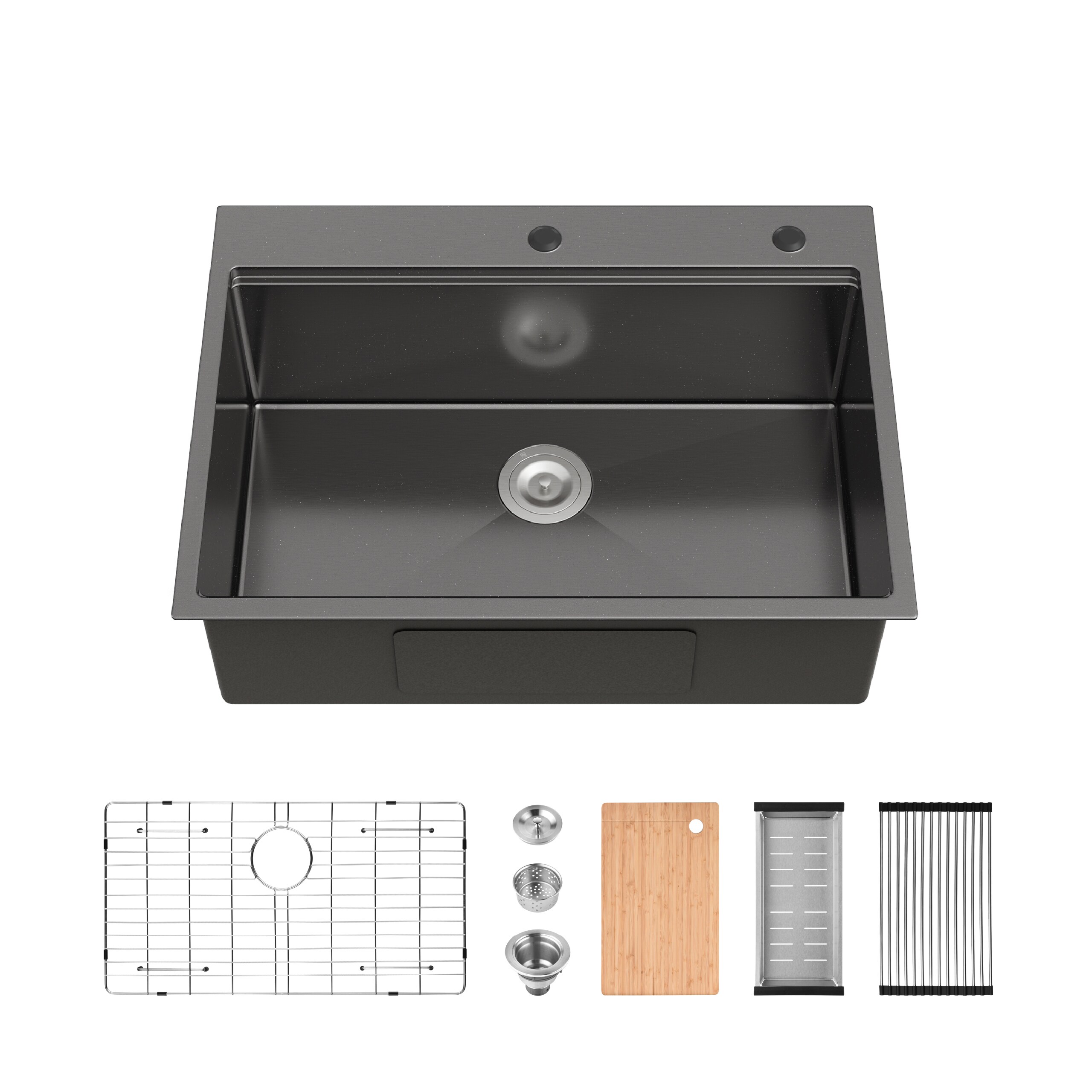 Rainlex 30-in Drop-In Black Stainless Steel Kitchen Sink Single Bowl 16 Gauge Overmount Workstation Sink with Cutting Board And Accessories