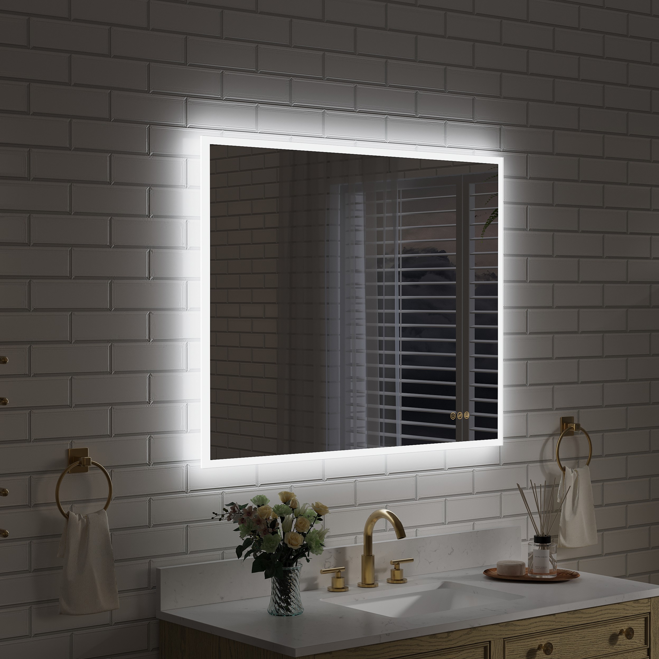 WELLFOR UCS-10FL4032 40-in x 32-in Polished Frameless Rectangle Dimmable LED Lighted Fog Free Bathroom Vanity Mirror ( Silver )