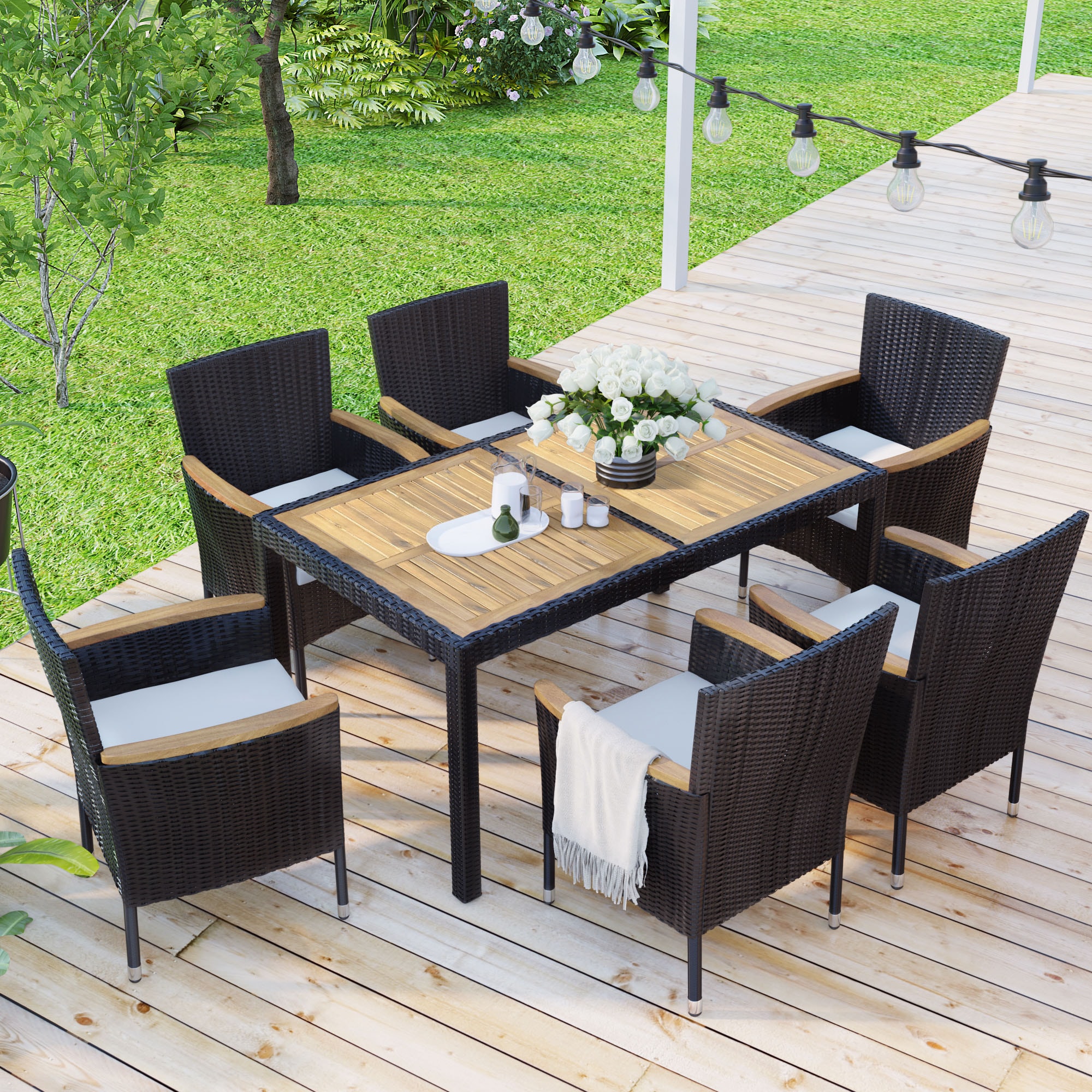Nestfair HPGO209D 7 -Piece Brown Wicker Patio Dining Set Wood Rectangle Table with 6 White Cushions Stackable Stationary Chairs