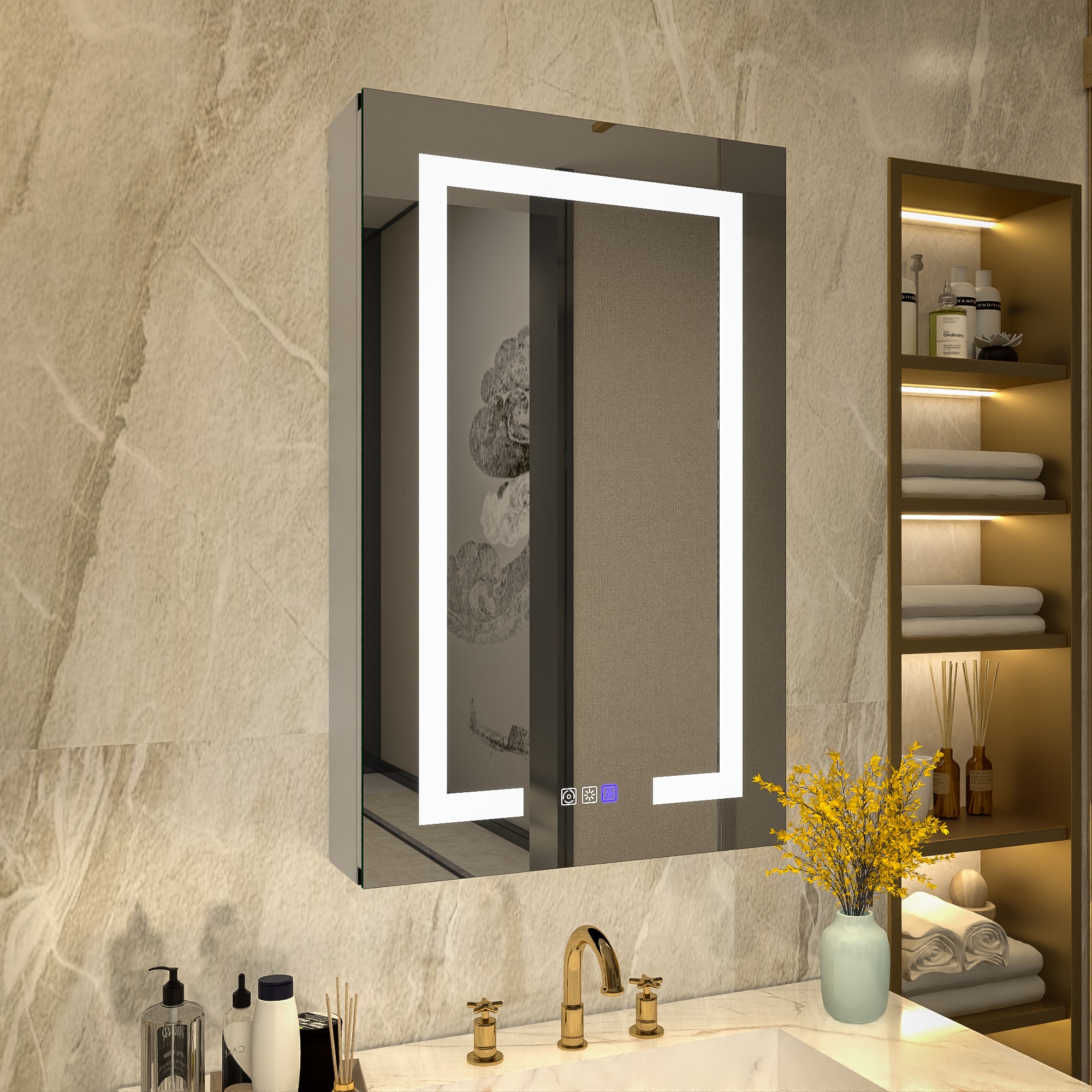 ExBrite EBMC2026V3RB Warmor 20-in x 32-in Lighted LED Fog Free Surface/Recessed Mount Sterra Silver Mirrored Rectangle Soft Close Medicine Cabinet with Outlet