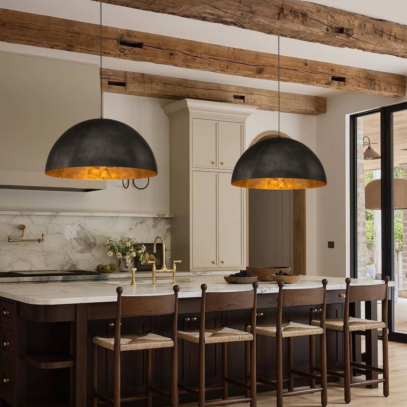 Large Blackened Steel Dome Pendant with Gold Interior