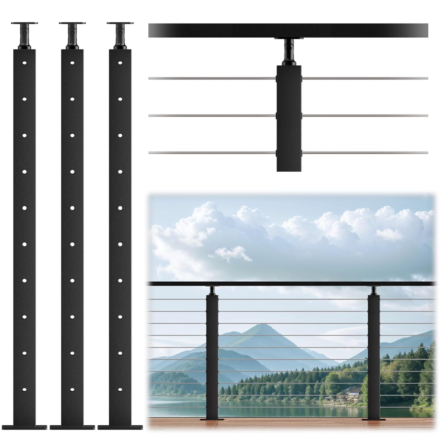 LOVMOR 36 inch H Black Cable Railing Level Post Mount Cable Railing System Kit Indoor Outdoor(3 Pack) #SF-R-LZ-3