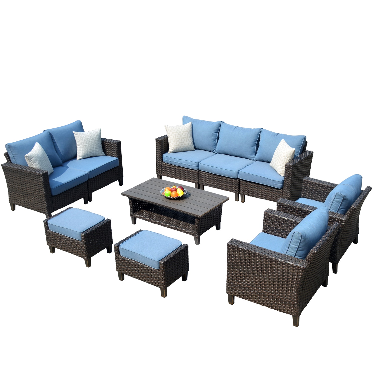 Ovios Vultros 10-Piece Woven Patio Conversation Set with Blue Cushions ...