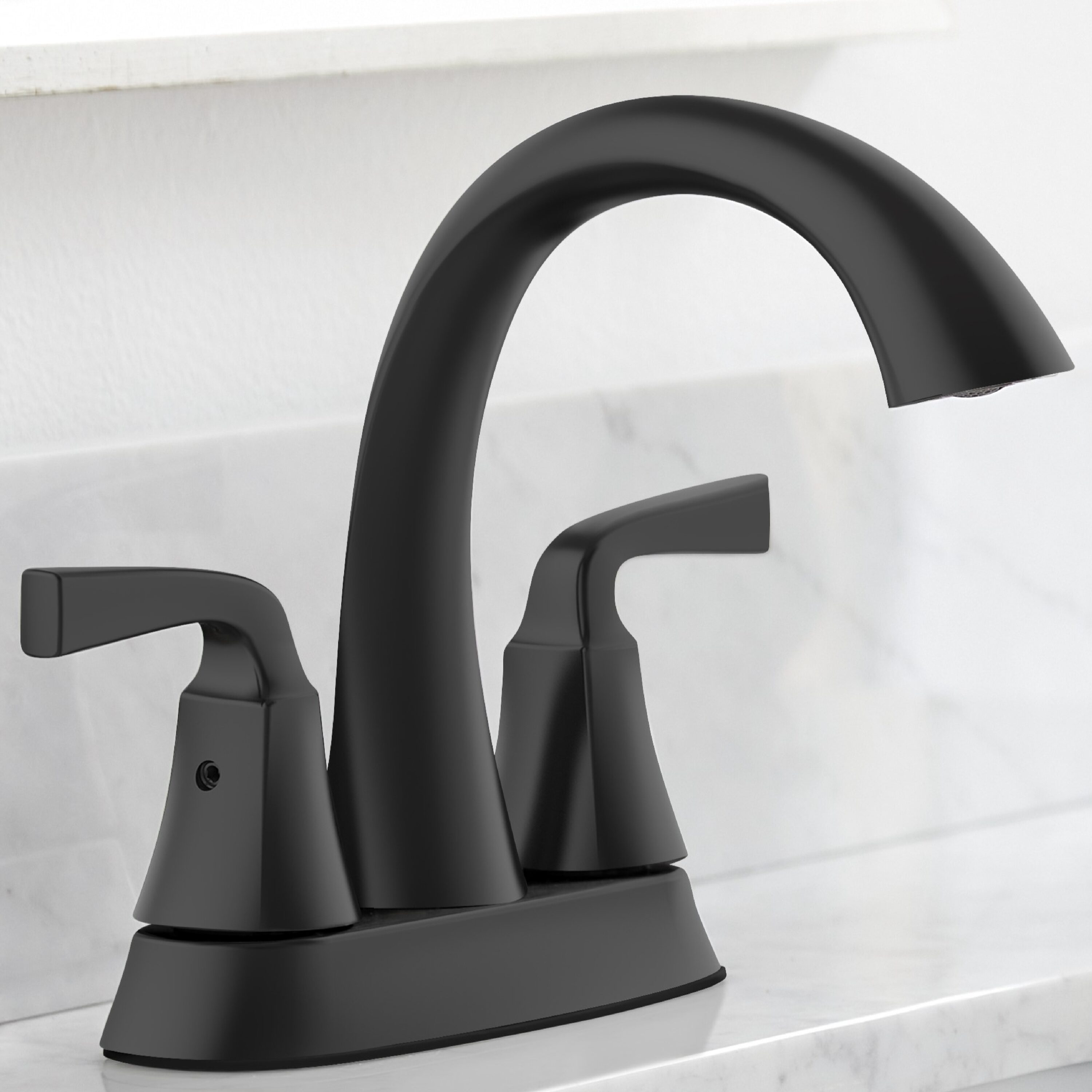 allen + roth 67123W-607001 Mullen Matte Black 4-in centerset 2-handle WaterSense High-arc Residential Handle Bathroom Sink Faucet with Drain with Deck Plate