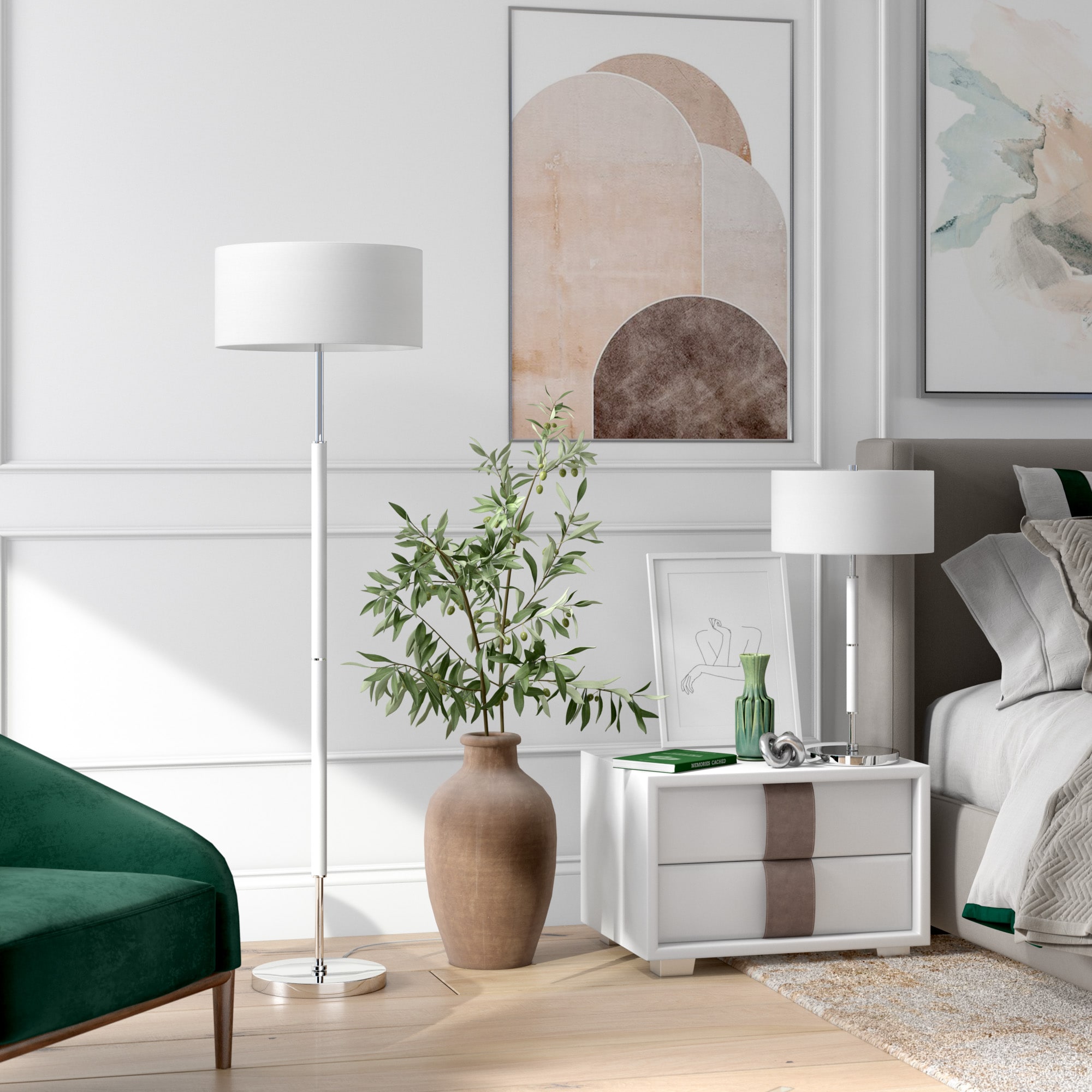 Matte White and Polished Nickel Floor Lamp with Linen Shade
