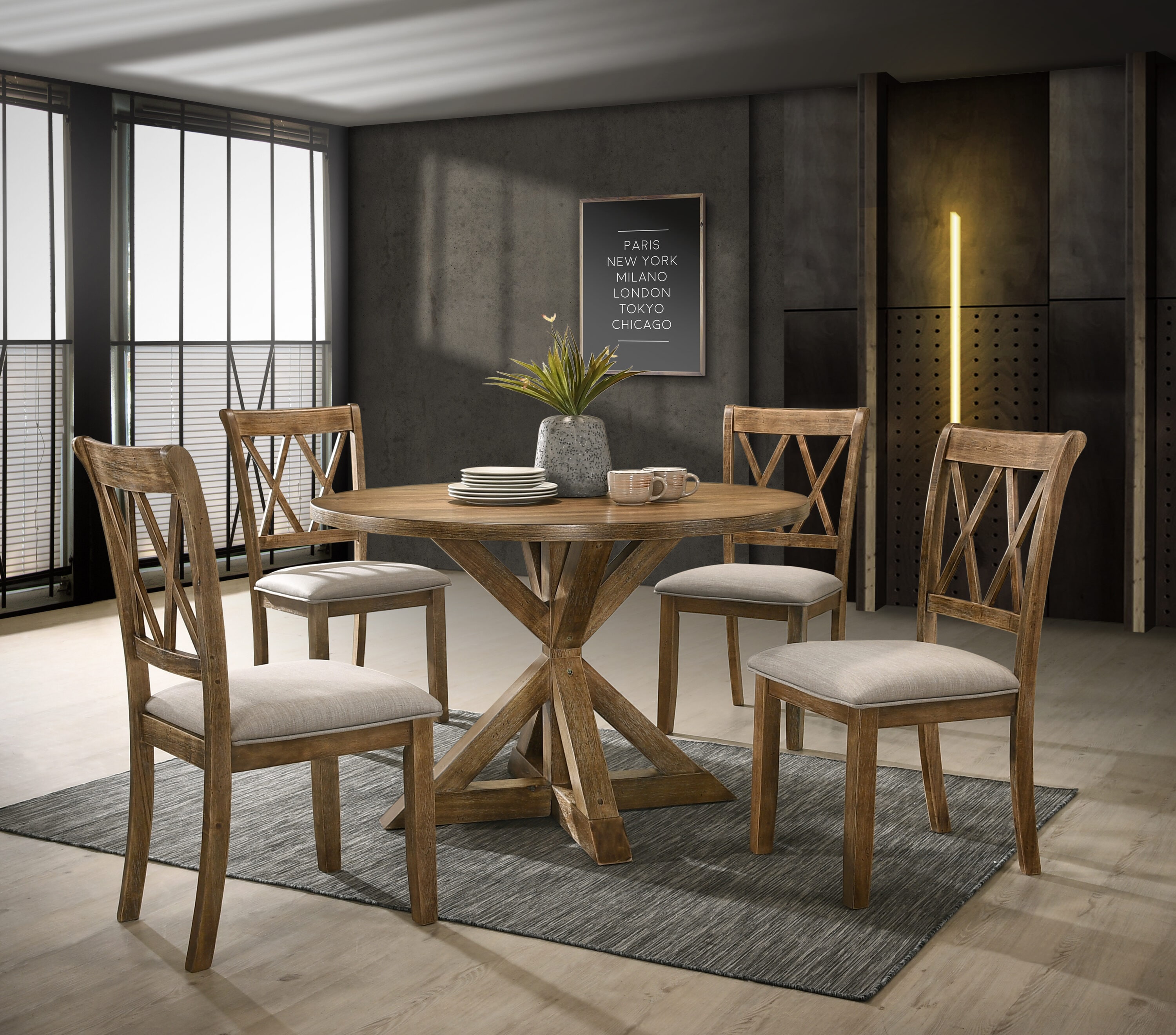 GDFStudio Cross-Buck Wood 5-Piece Dining Set in Brown Round Table with 4 Chenille-Feel Upholstered Chairs