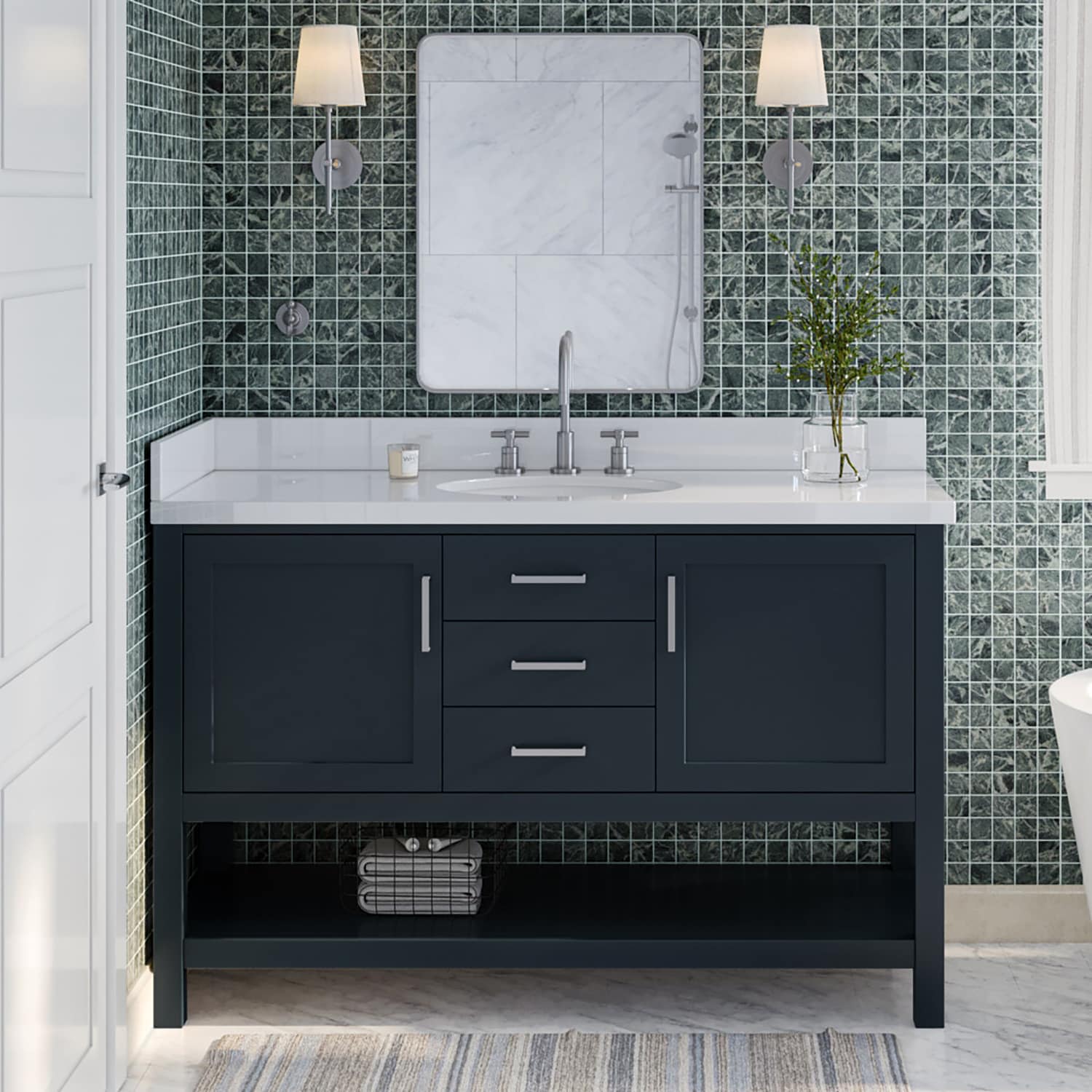 ARIEL R055SWQOVOMNB Bayhill 55-in Midnight Blue Undermount Single sink Bathroom Vanity with Pure White Quartz Quartz Top