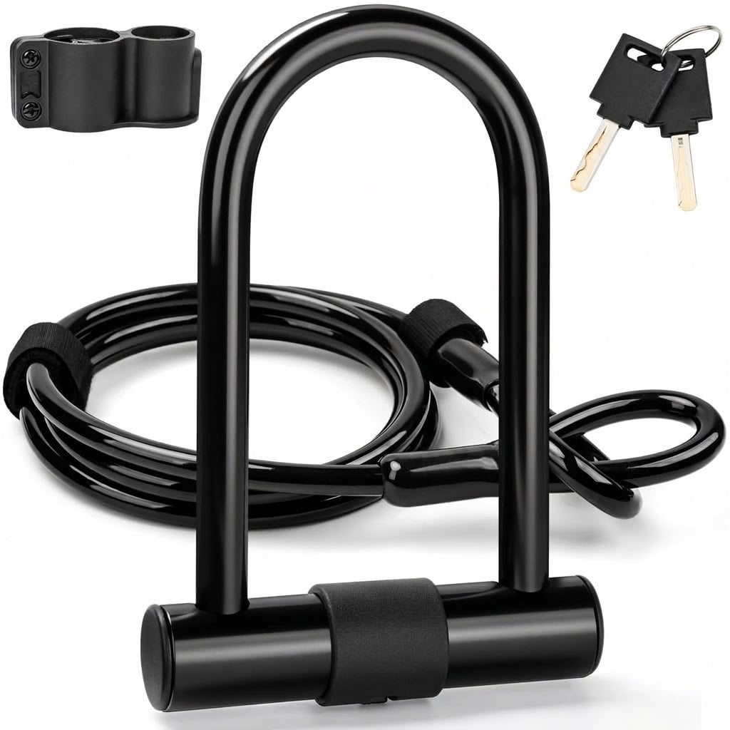 Etokfoks  Premium Bike U Lock Set with 2 Keys and 6 Foot Solid Steel Cable Heavy Duty Anti Theft for Bicycle Scooter