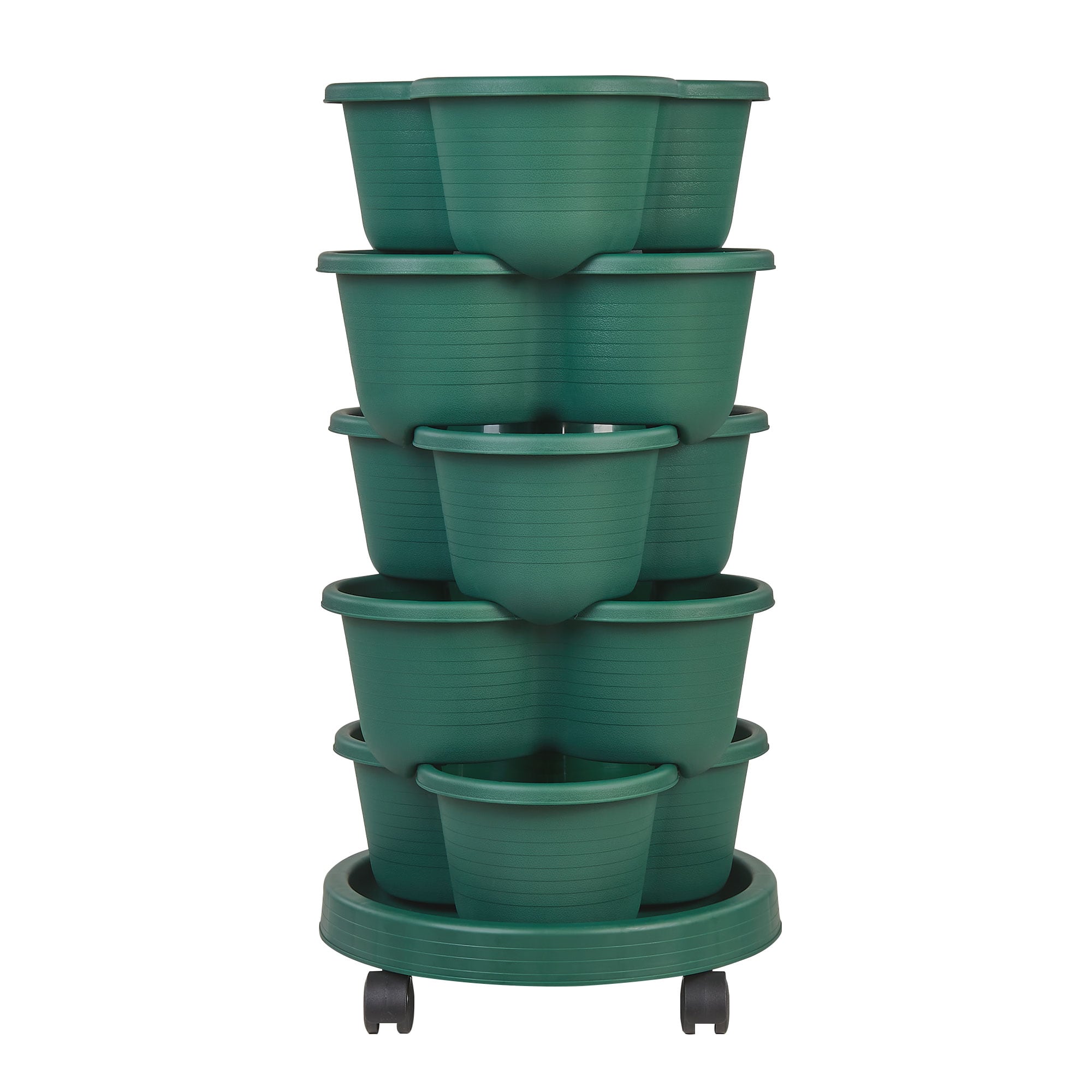 Vecelo 5 Tier Vertical Garden Planter Tower with Wheels Stackable Strawberry Planter for Herbs Flowers Vegetables Patio Balcony Indoor Gardening Dark Green