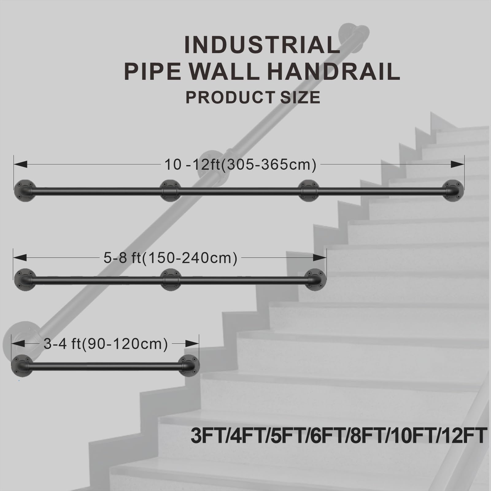 Oyezvary 12FT Industrial Pipe Stair Railing Indoor Outdoor Wall Mounted ...
