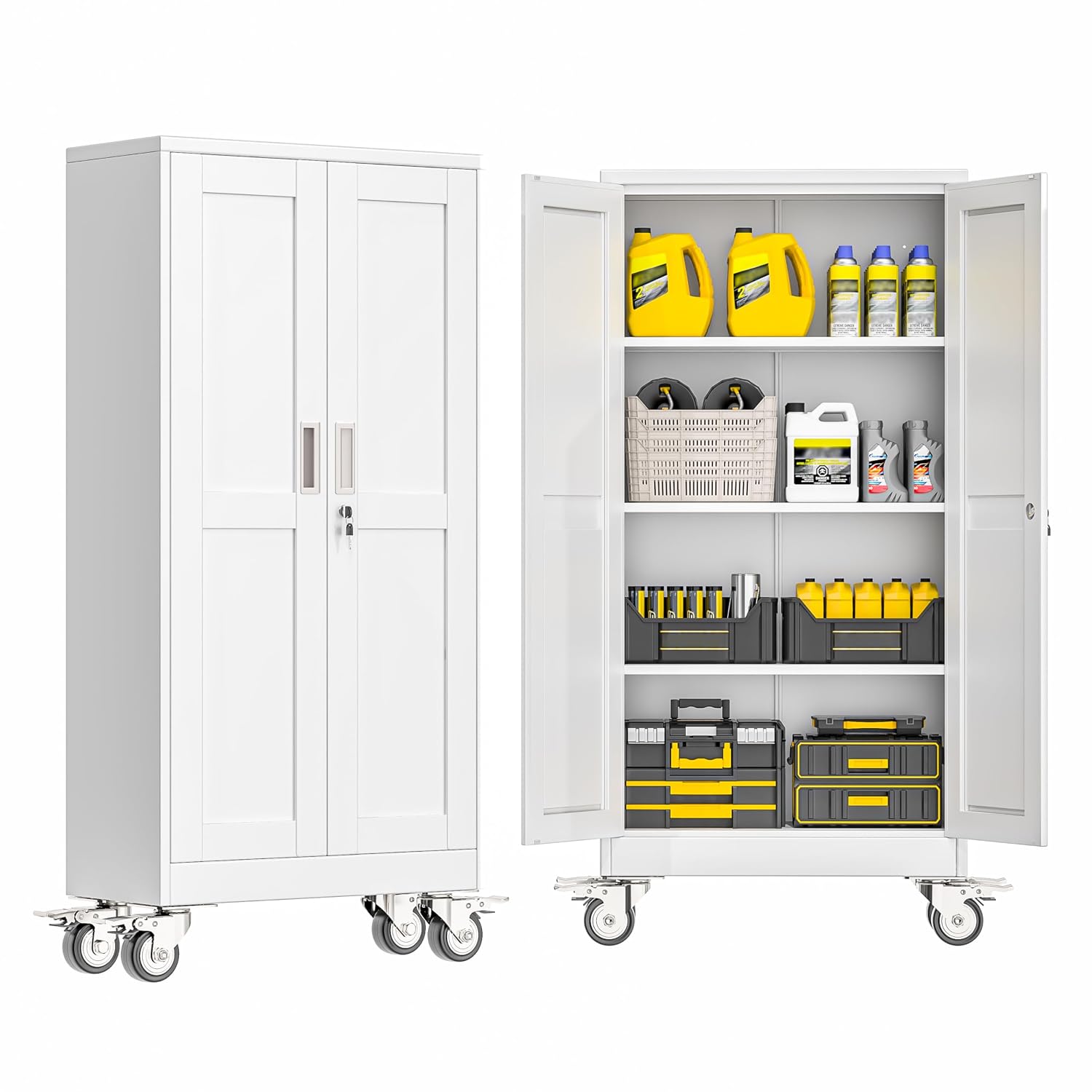 GAIOUS 61 In Tall Lockable Metal Storage Cabinet with Wheels 2 Doors and 3 Adjustable Shelves Rolling Steel Utility Cabinet for Garage Home Office Gym
