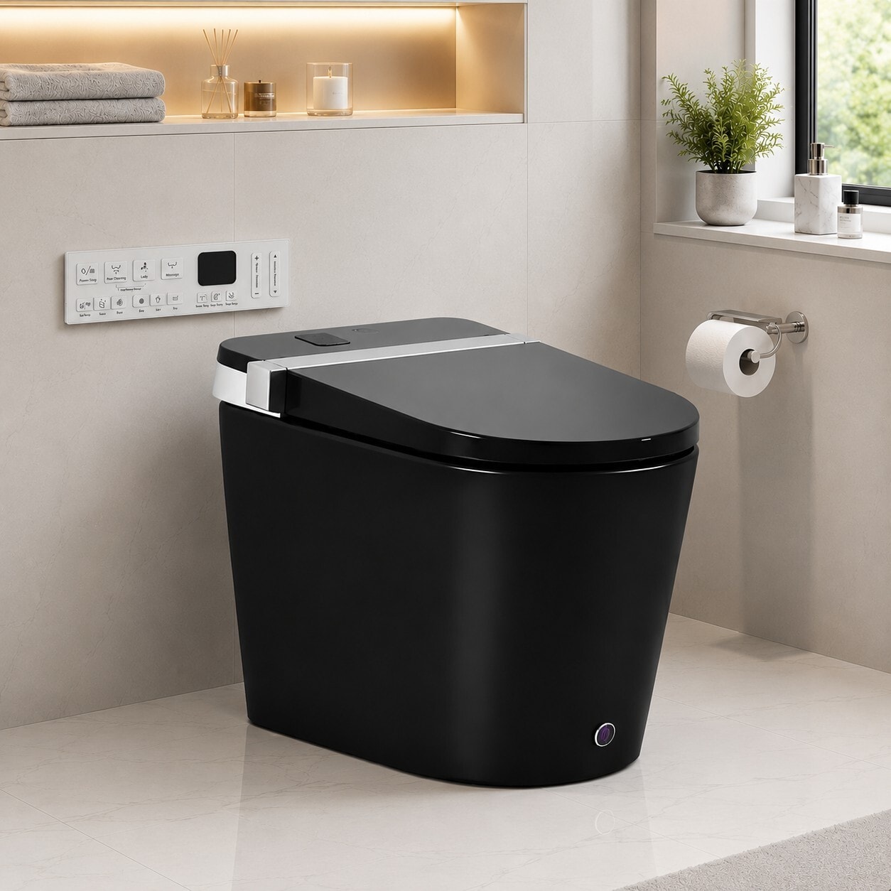 Misty Moon - Black Elongated Chair Height 12-in Rough-In 1.28 GPF Jet Siphon 1-piece Smart Toilet...