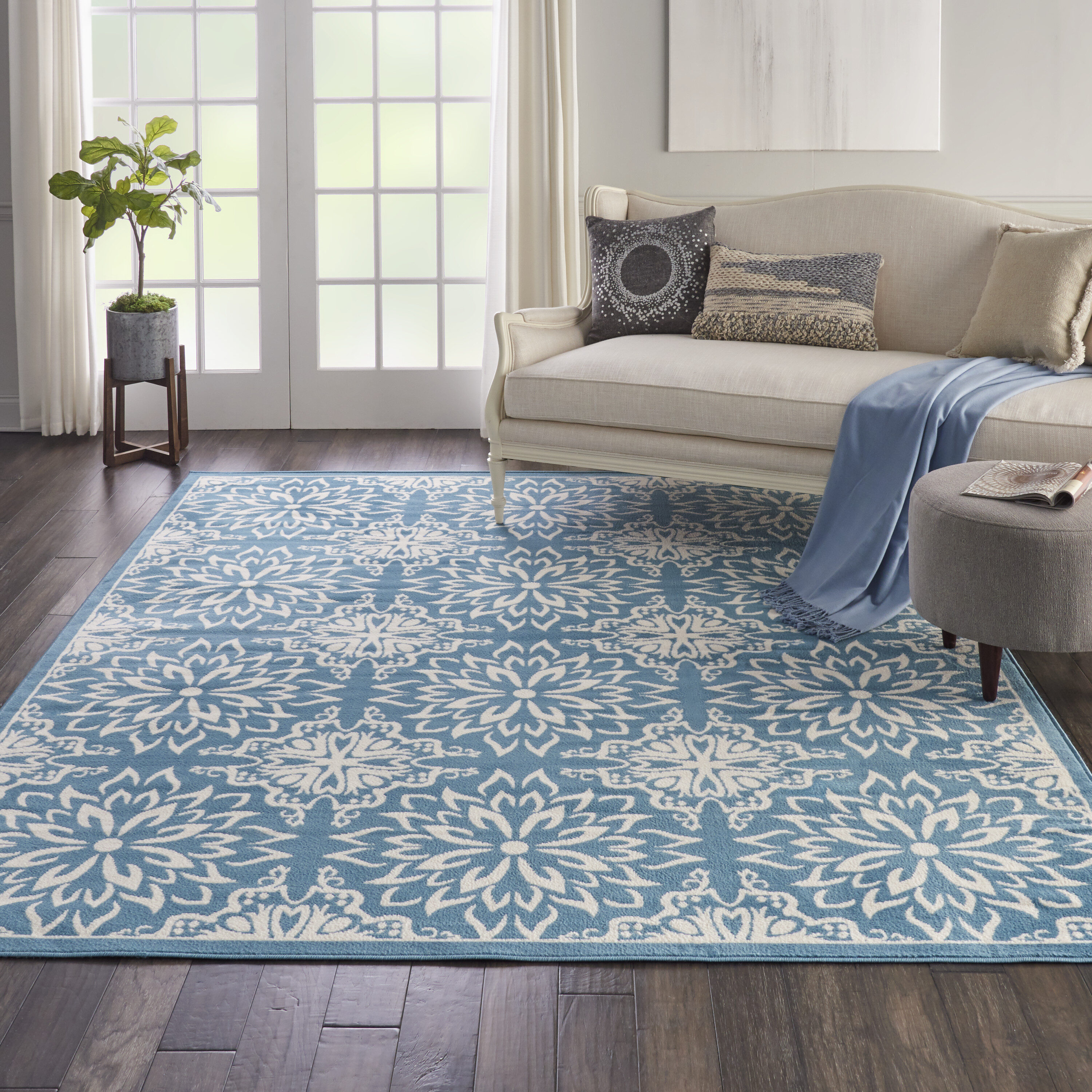 Nourison 99446478221 Jubilant 8 x 10 (ft) Loomed Polypropylene Ivory/blue Rectangular Indoor Abstract Farmhouse/Cottage Area rug