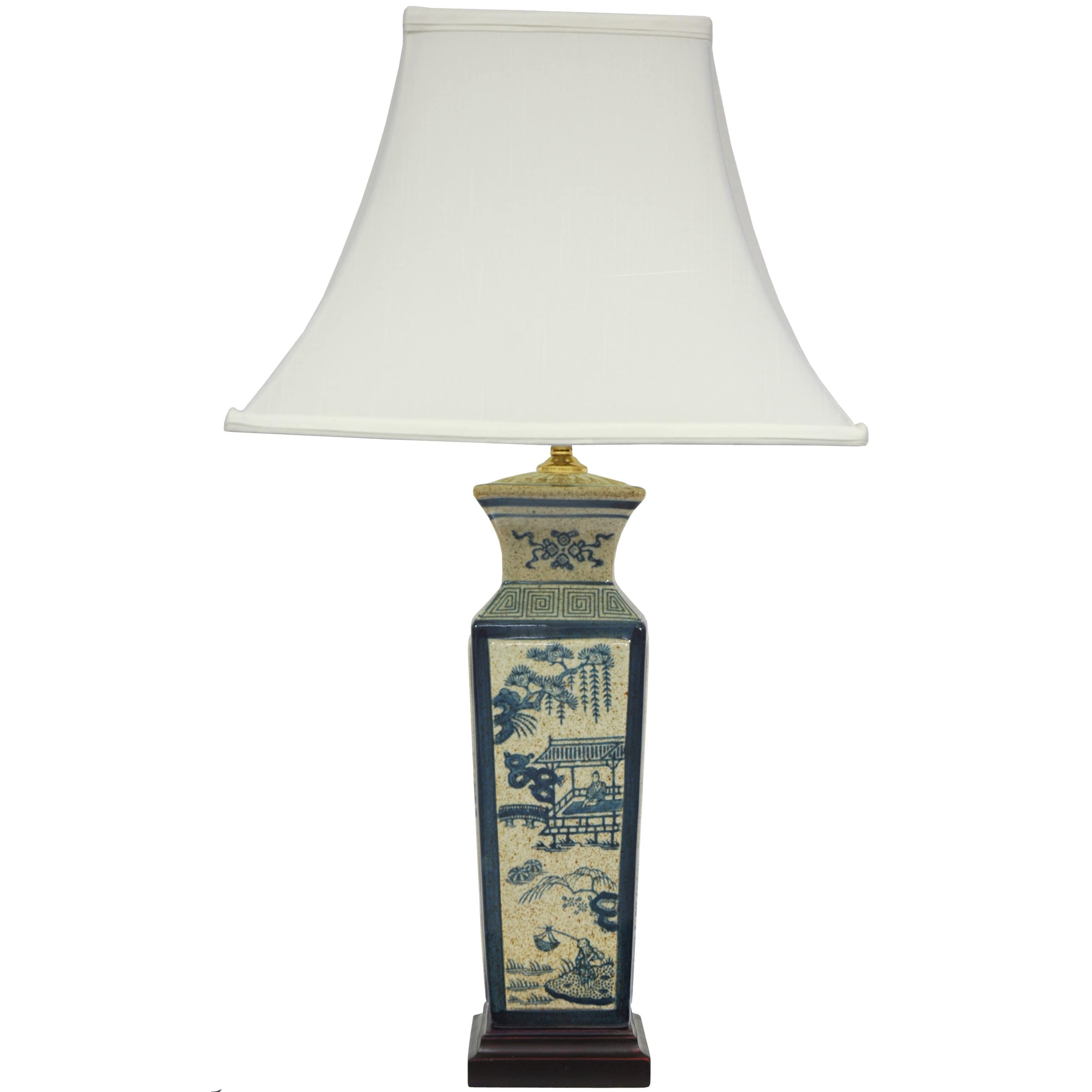26" Blue and Beige Porcelain Table Lamp with Ivory Shade